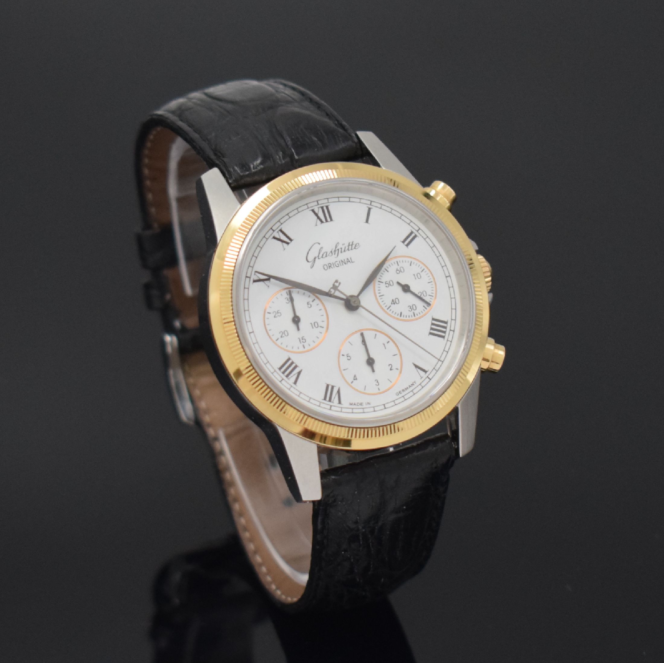 Detail c: GLASHÜTTE ORIGINAL Herrenarmbanduhr mit Chronograph in Stahl/Gold, Deutschland um 1996, Automatik, beids. vergl. Geh., Boden 6- fach verschr., ...