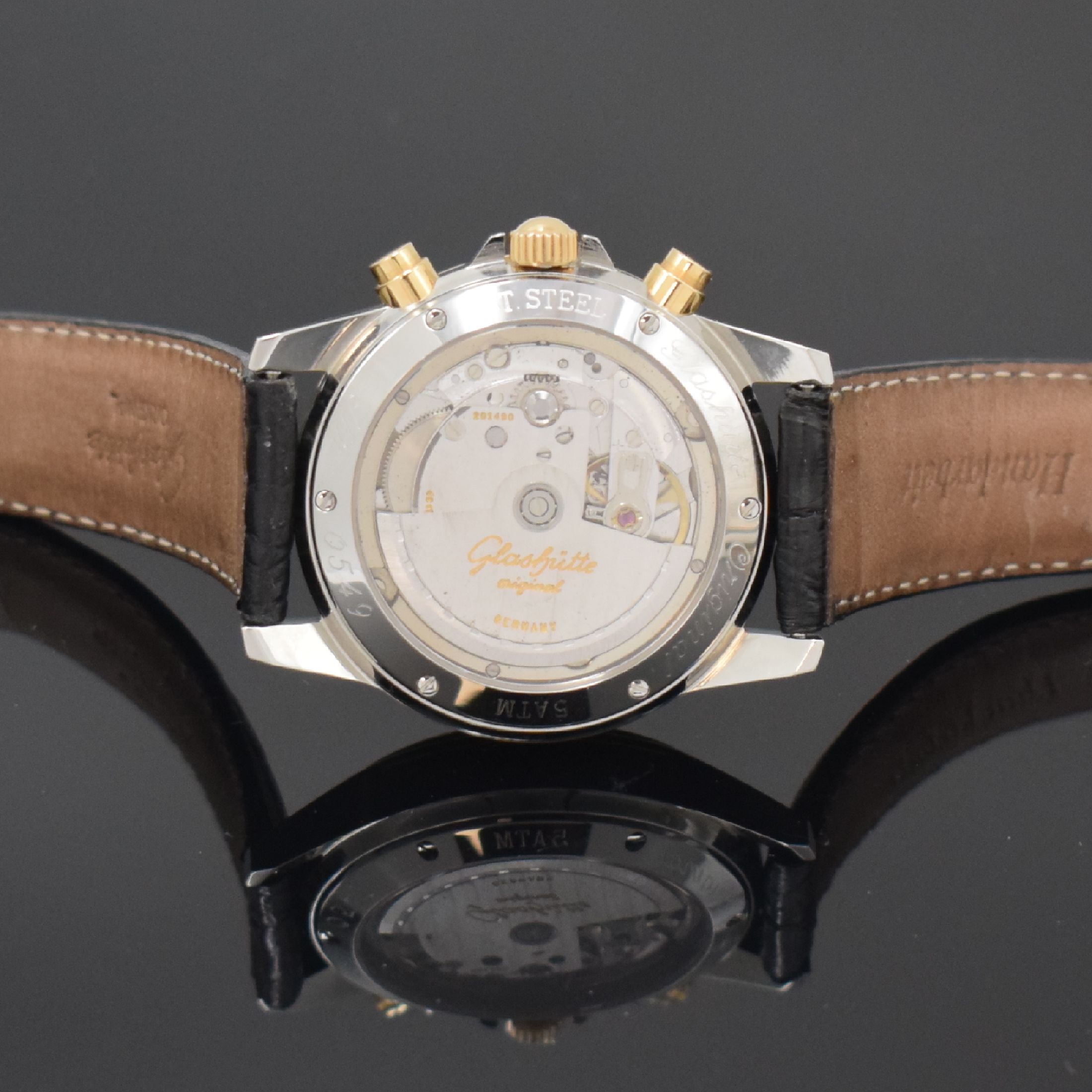 Detail e: GLASHÜTTE ORIGINAL Herrenarmbanduhr mit Chronograph in Stahl/Gold, Deutschland um 1996, Automatik, beids. vergl. Geh., Boden 6- fach verschr., ...