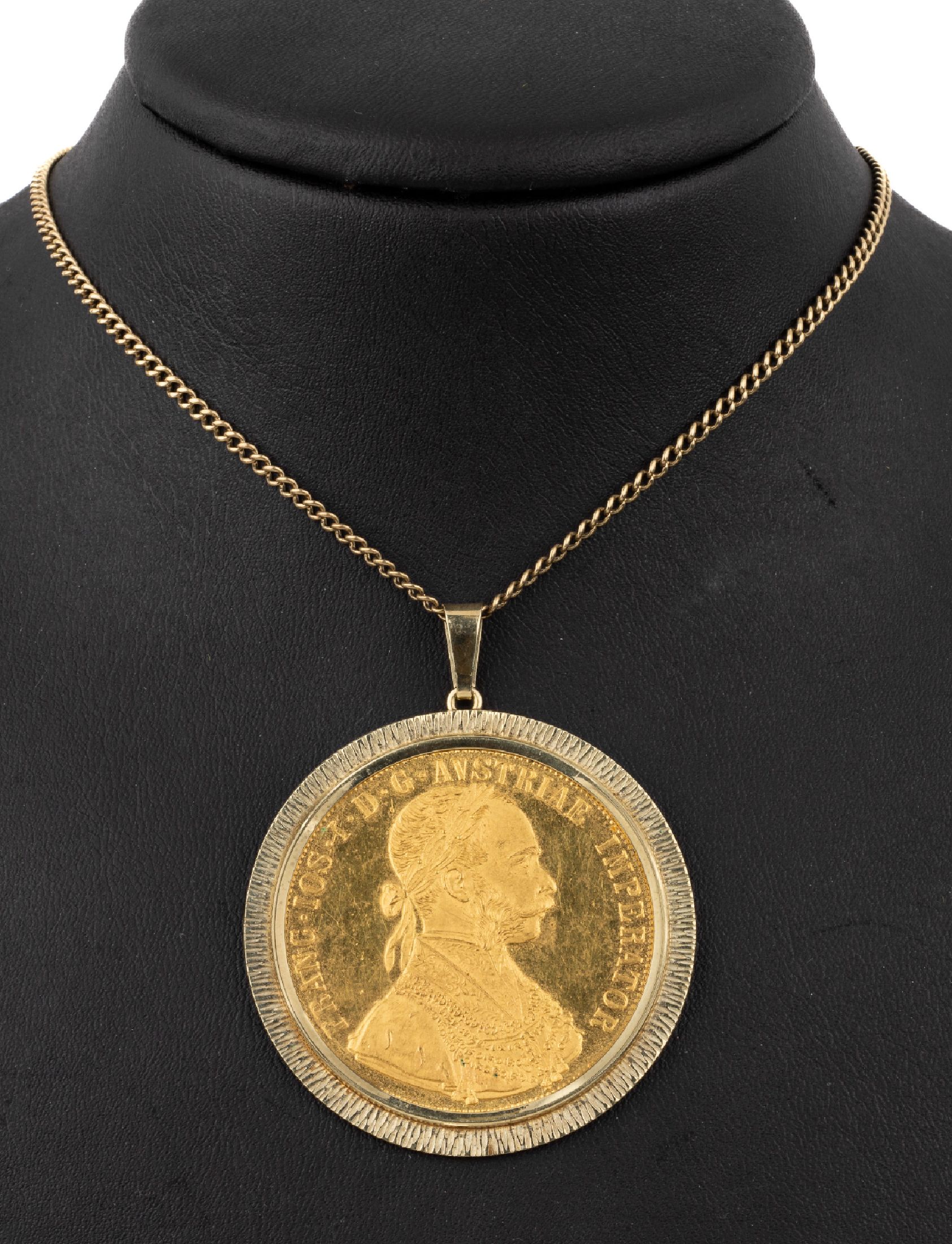 14 kt Gold Münz-Anhänger, GG 585/000, gefasste Goldmünze, 4 Dukaten, 986er Gold, Österreich-Ungarn 1915, Franz Joseph I., offizielle ...