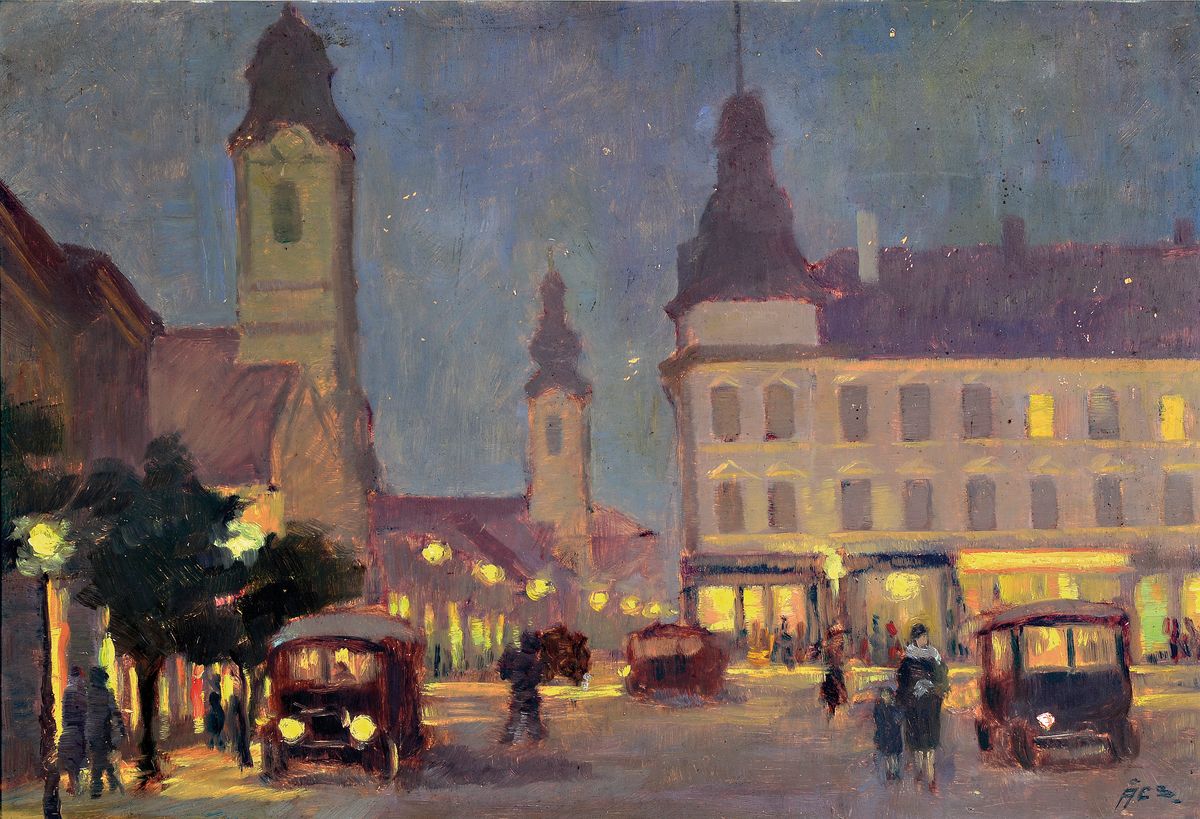 Francois Acs, 1876-1949, ungarischer Künstler , abendliche Stadtansicht, atmosphärisch beleuchteter Marktplatz mit Autos und Fussgängern, rechts ...