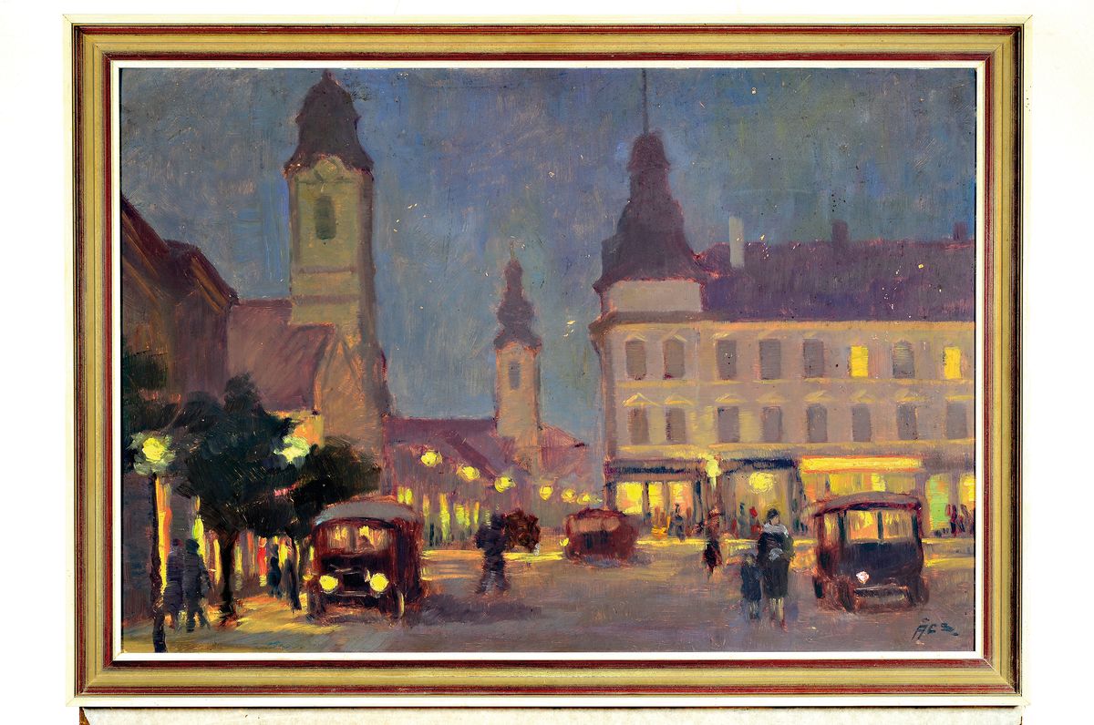 Detail k: Francois Acs, 1876-1949, ungarischer Künstler , abendliche Stadtansicht, atmosphärisch beleuchteter Marktplatz mit Autos und Fussgängern, rechts ...