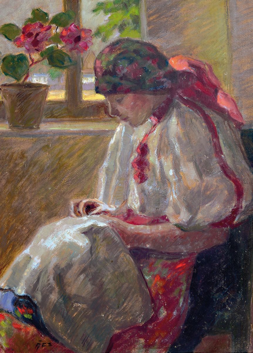 Francois Acs, 1876-1949, ungarischer Maler, Bildnis einer jungen Frau beim sticken vorm Fenster, links unten signiert, Öl/Malkarton, Rahmen 74x56 cm