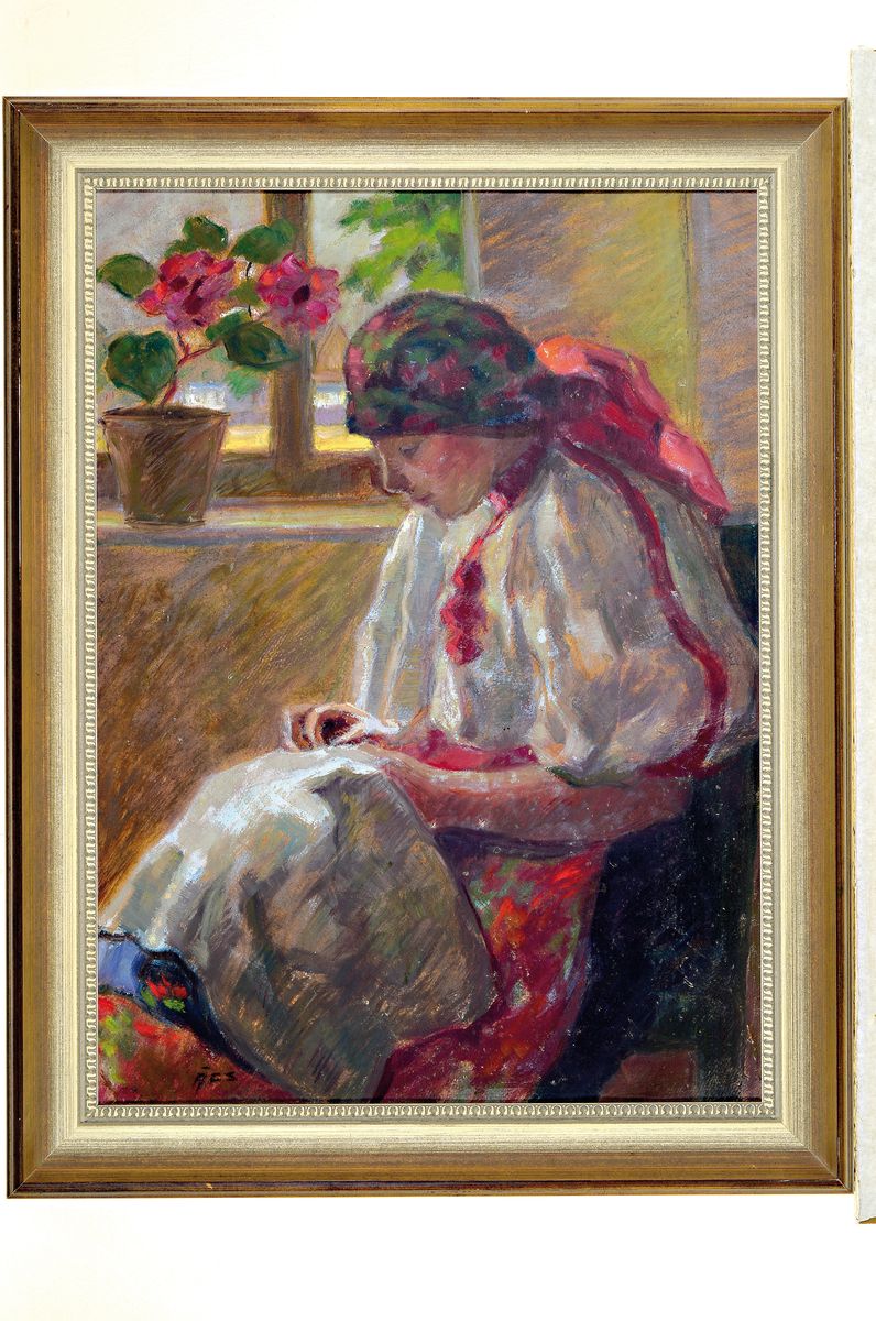Detail k: Francois Acs, 1876-1949, ungarischer Maler, Bildnis einer jungen Frau beim sticken vorm Fenster, links unten signiert, Öl/Malkarton, Rahmen 74x56 cm