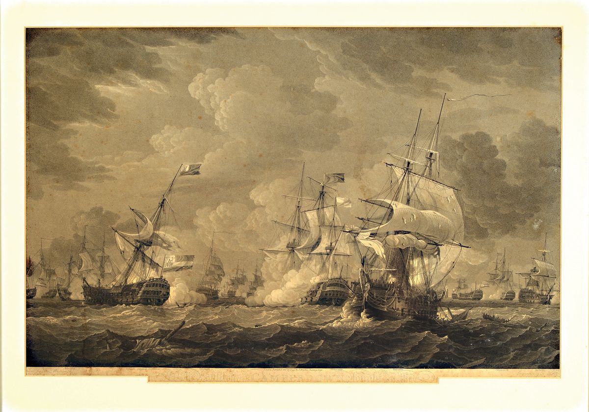Zwei Kupferstiche, Schiffsbilder, Ende 18.Jh , "The Battle off Camperdown fought on the 11th October 1779", Whitcombe bei J. Brydon, London ...