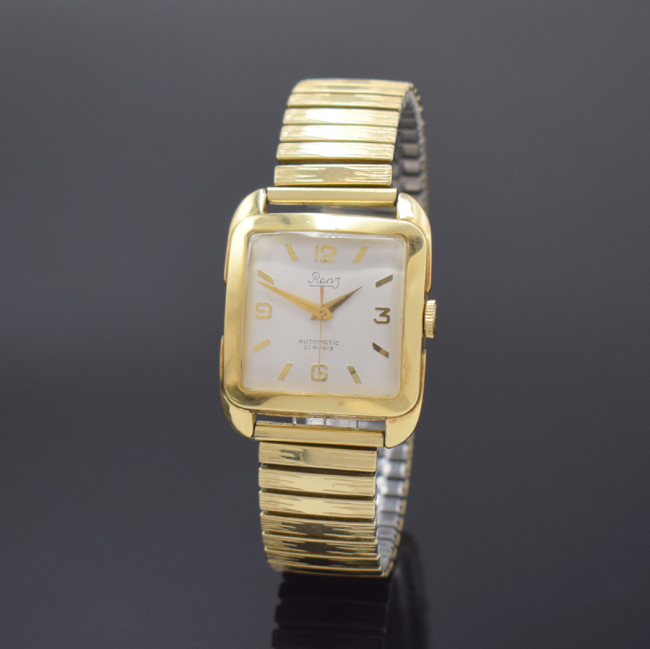 RENZ Armbanduhr in GG 585/000, Schweiz um 1950, Automatik, Boden aufgedr., neutr. verg. Flexband, silb. Zifferbl. m. gold. Std.-Ind., gold. Zeiger, ...