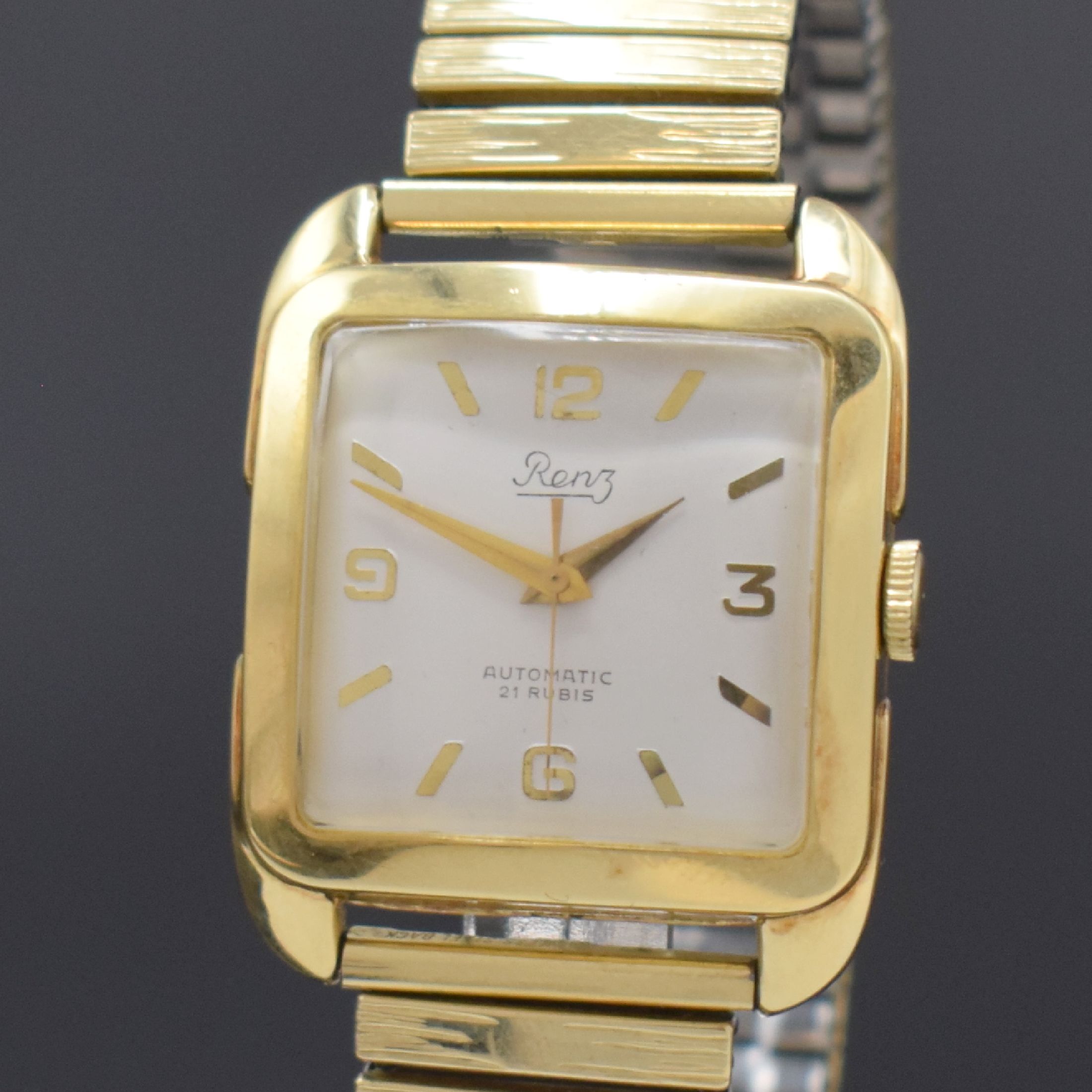 Detail a: RENZ Armbanduhr in GG 585/000, Schweiz um 1950, Automatik, Boden aufgedr., neutr. verg. Flexband, silb. Zifferbl. m. gold. Std.-Ind., gold. Zeiger, ...