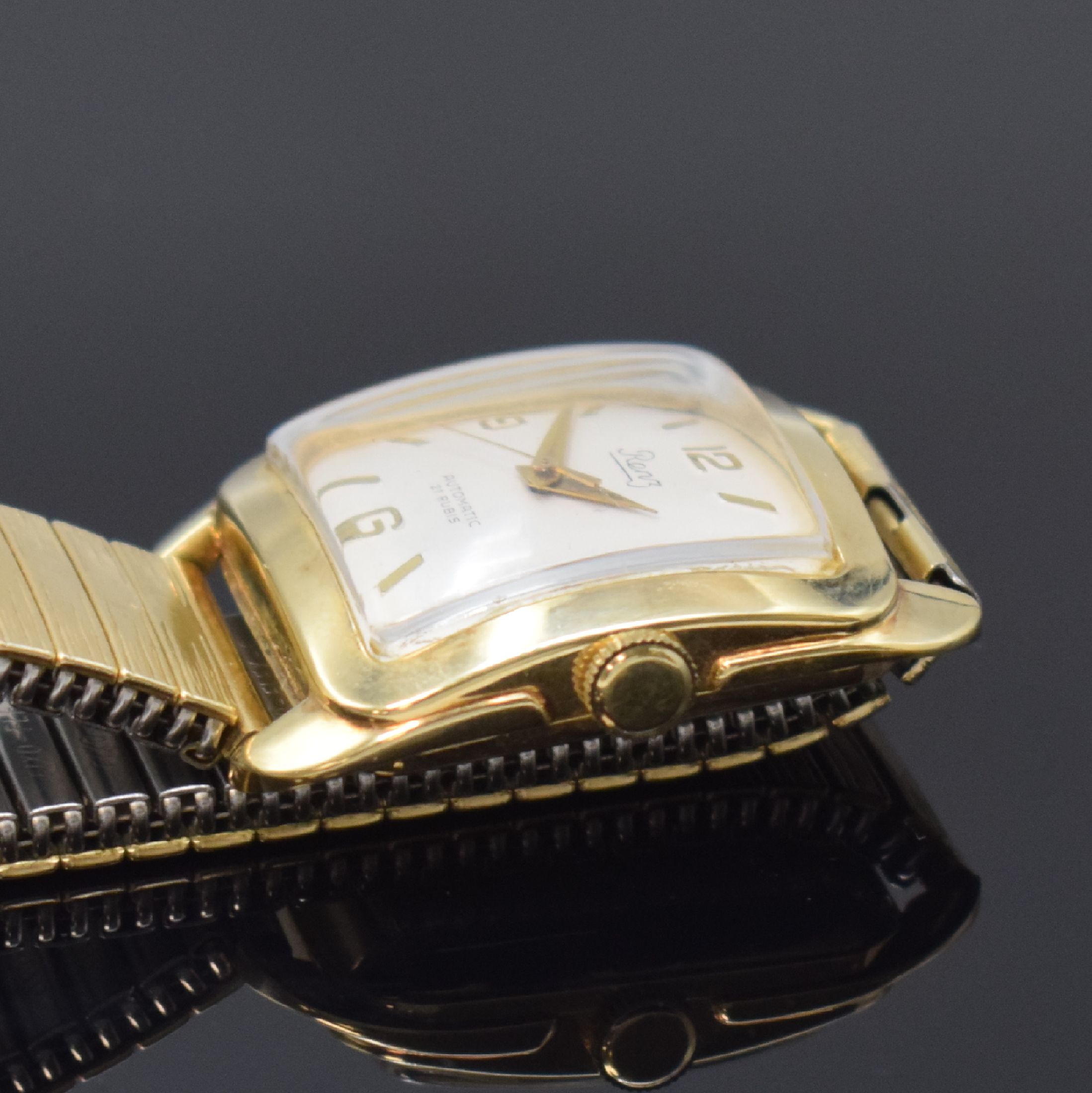Detail b: RENZ Armbanduhr in GG 585/000, Schweiz um 1950, Automatik, Boden aufgedr., neutr. verg. Flexband, silb. Zifferbl. m. gold. Std.-Ind., gold. Zeiger, ...