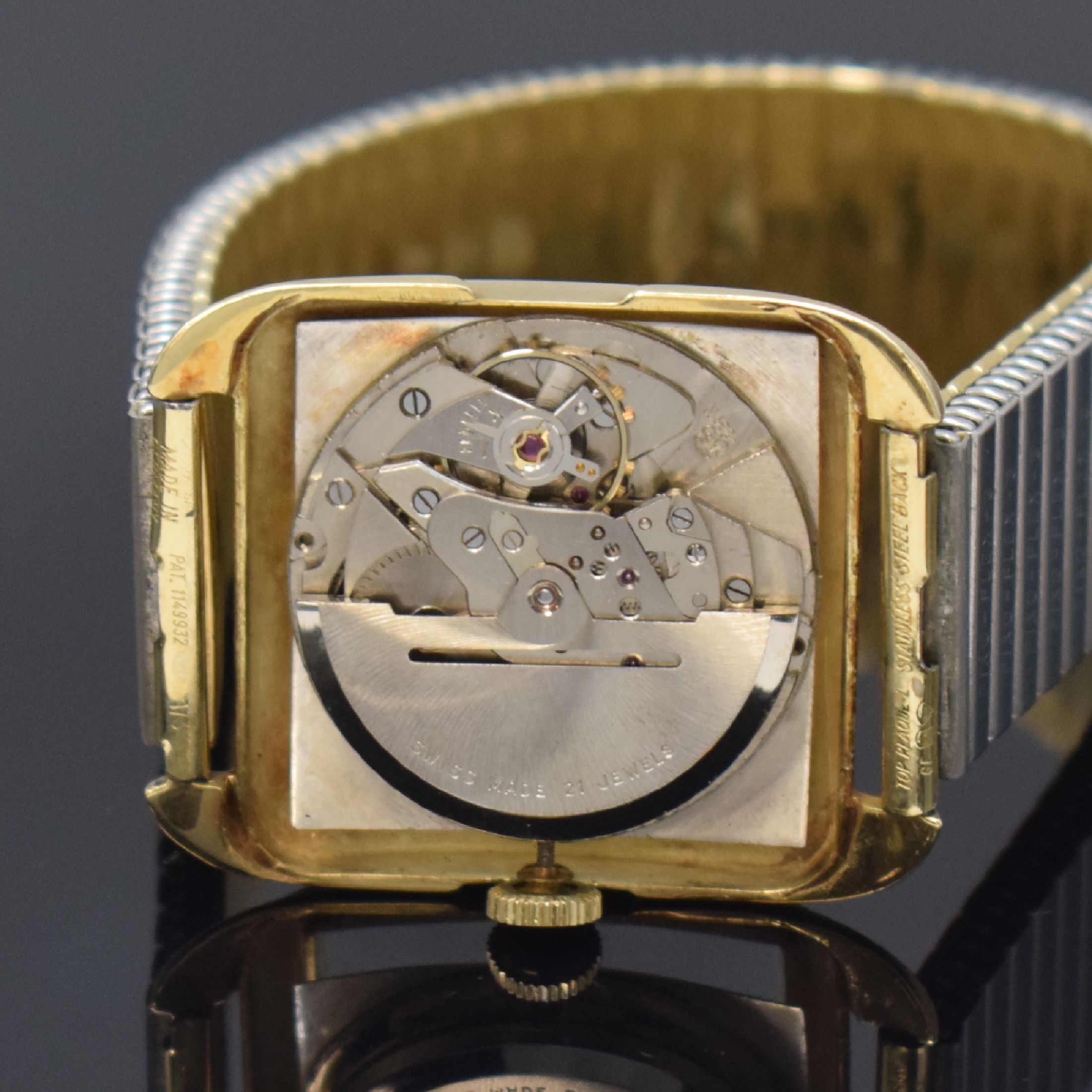 Detail e: RENZ Armbanduhr in GG 585/000, Schweiz um 1950, Automatik, Boden aufgedr., neutr. verg. Flexband, silb. Zifferbl. m. gold. Std.-Ind., gold. Zeiger, ...