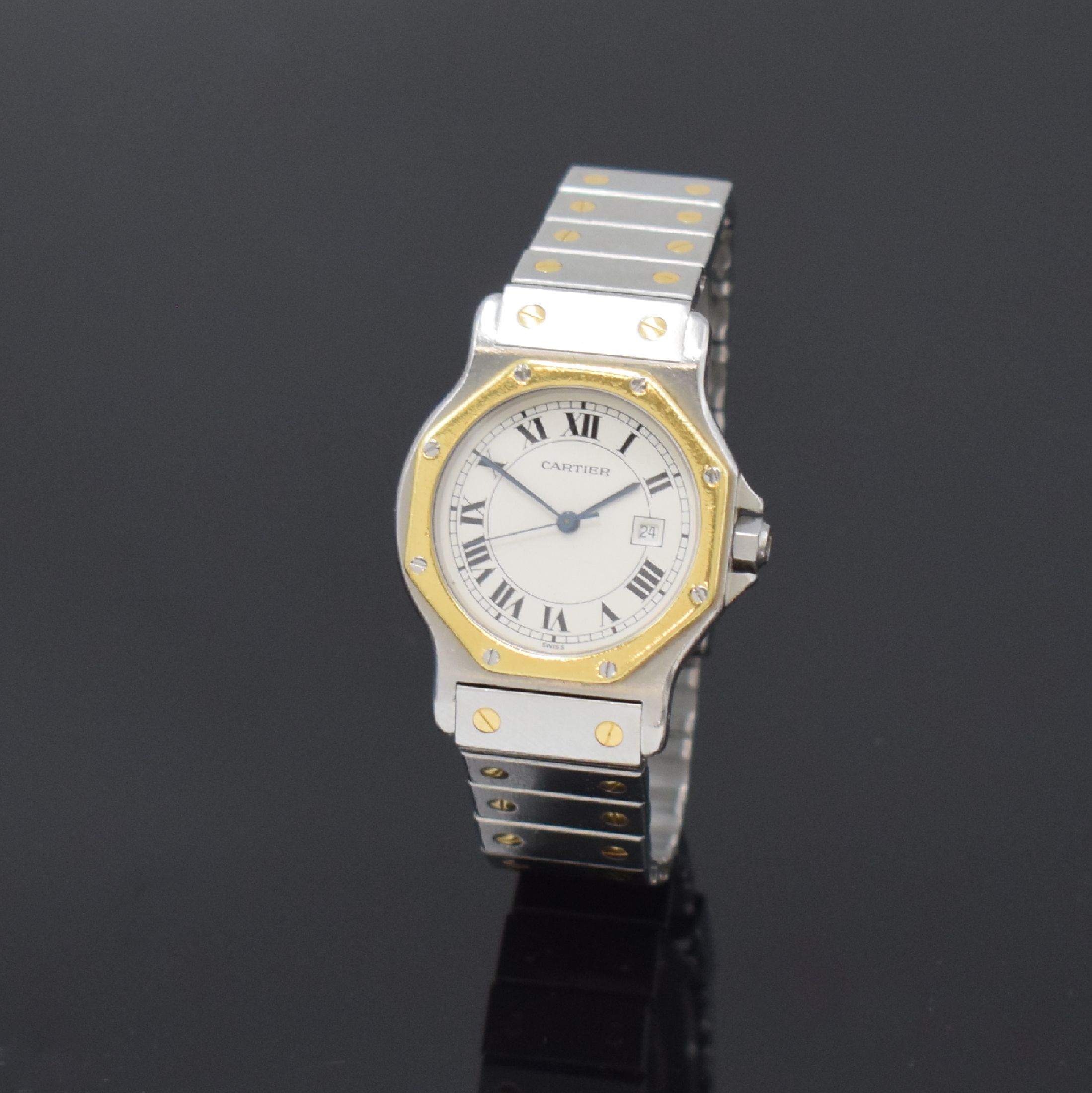 CARTIER Armbanduhr Santos Ronde, Schweiz um 1995, Automatik, Edelstahl/Gold kombiniert inkl. Gliederband m. Faltschl., Monocoque- Geh., Lünette ...
