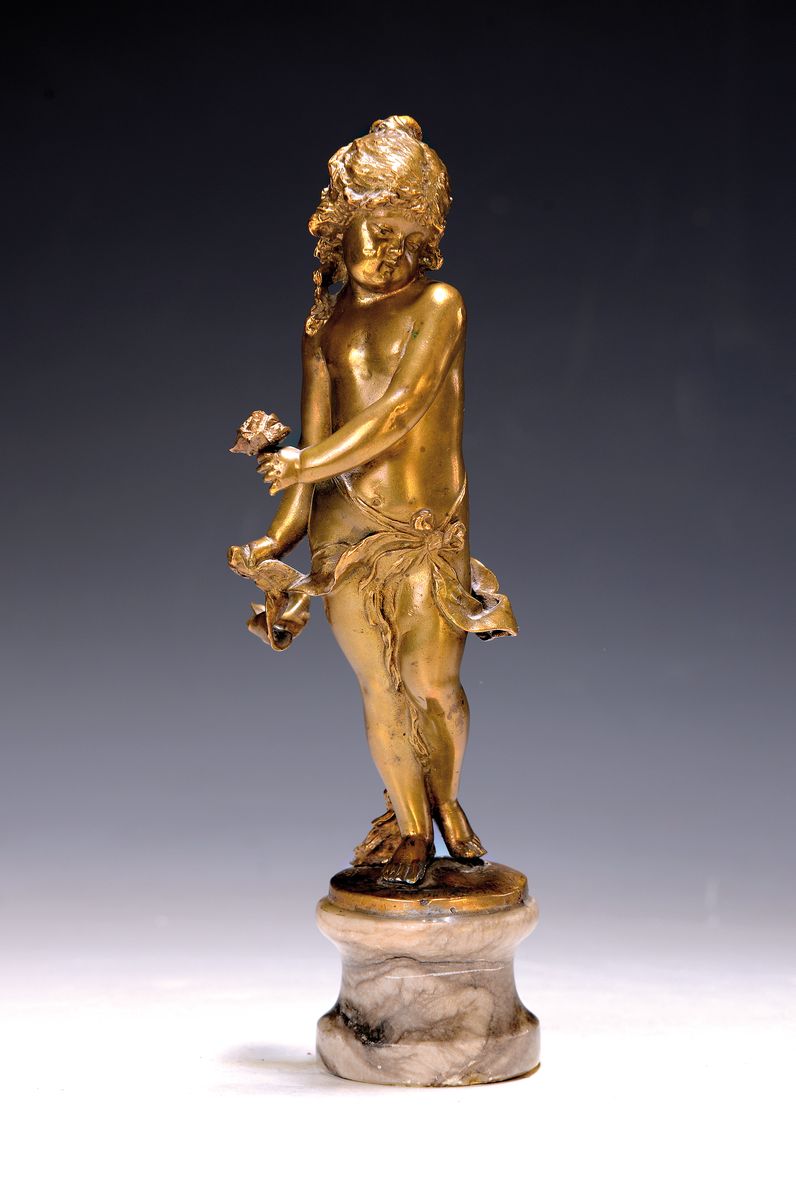 Bronzeskulptur, um 1900, monogr. FJH, Amorette mit Schleifenband, Marmorsockel, H. ca. 21cm
