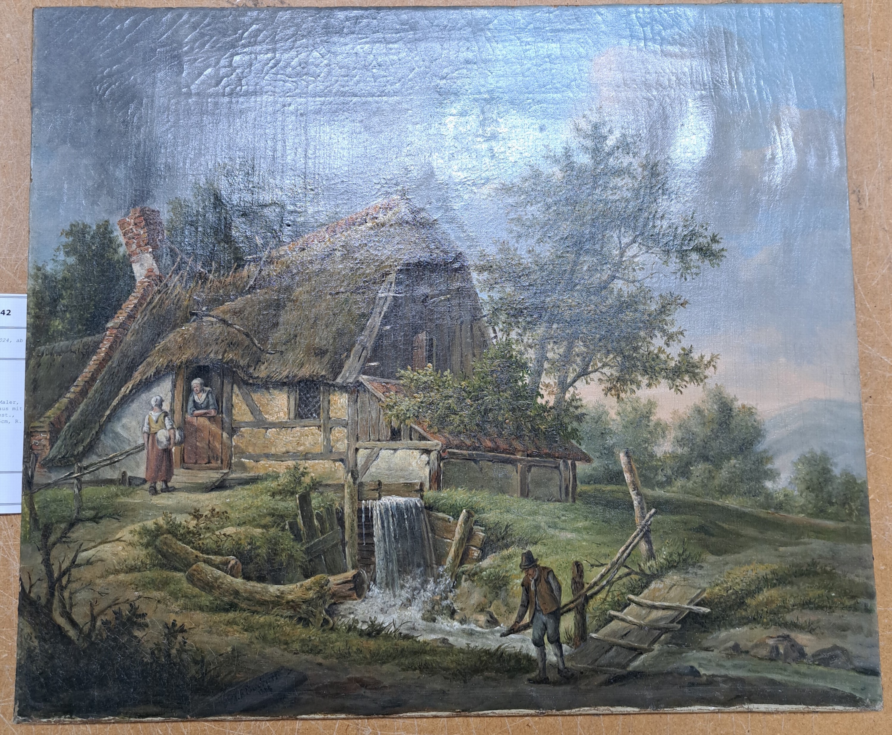 Detail a: J.F. Barbiers, niederländischer Maler, datiert 1848, Pastorale, Bauernhaus mit Stauwehr und Personen, Öl/Lwd, rest., links unten signiert, ca. ...