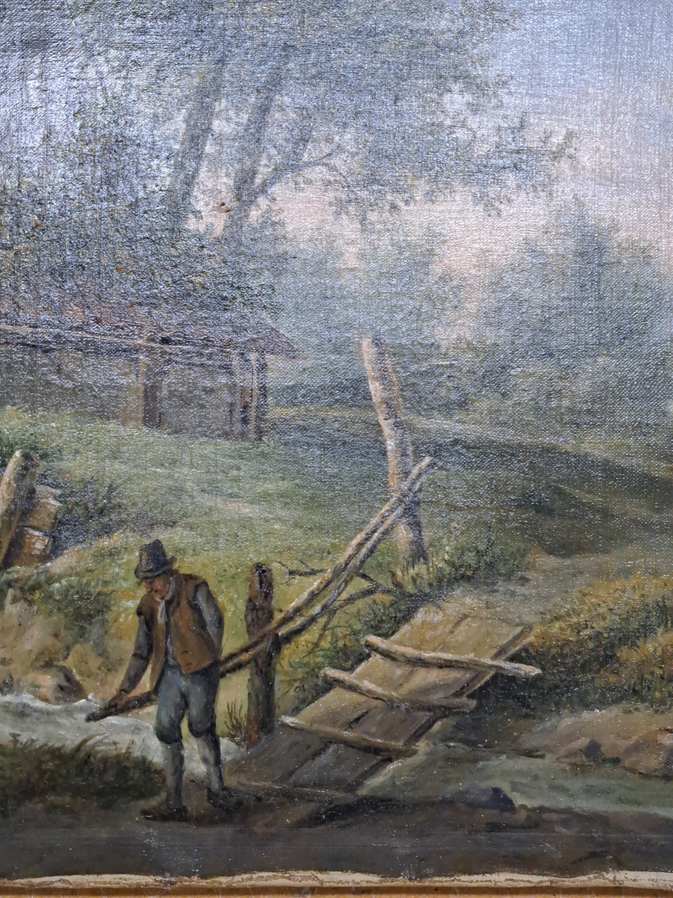 Detail c: J.F. Barbiers, niederländischer Maler, datiert 1848, Pastorale, Bauernhaus mit Stauwehr und Personen, Öl/Lwd, rest., links unten signiert, ca. ...