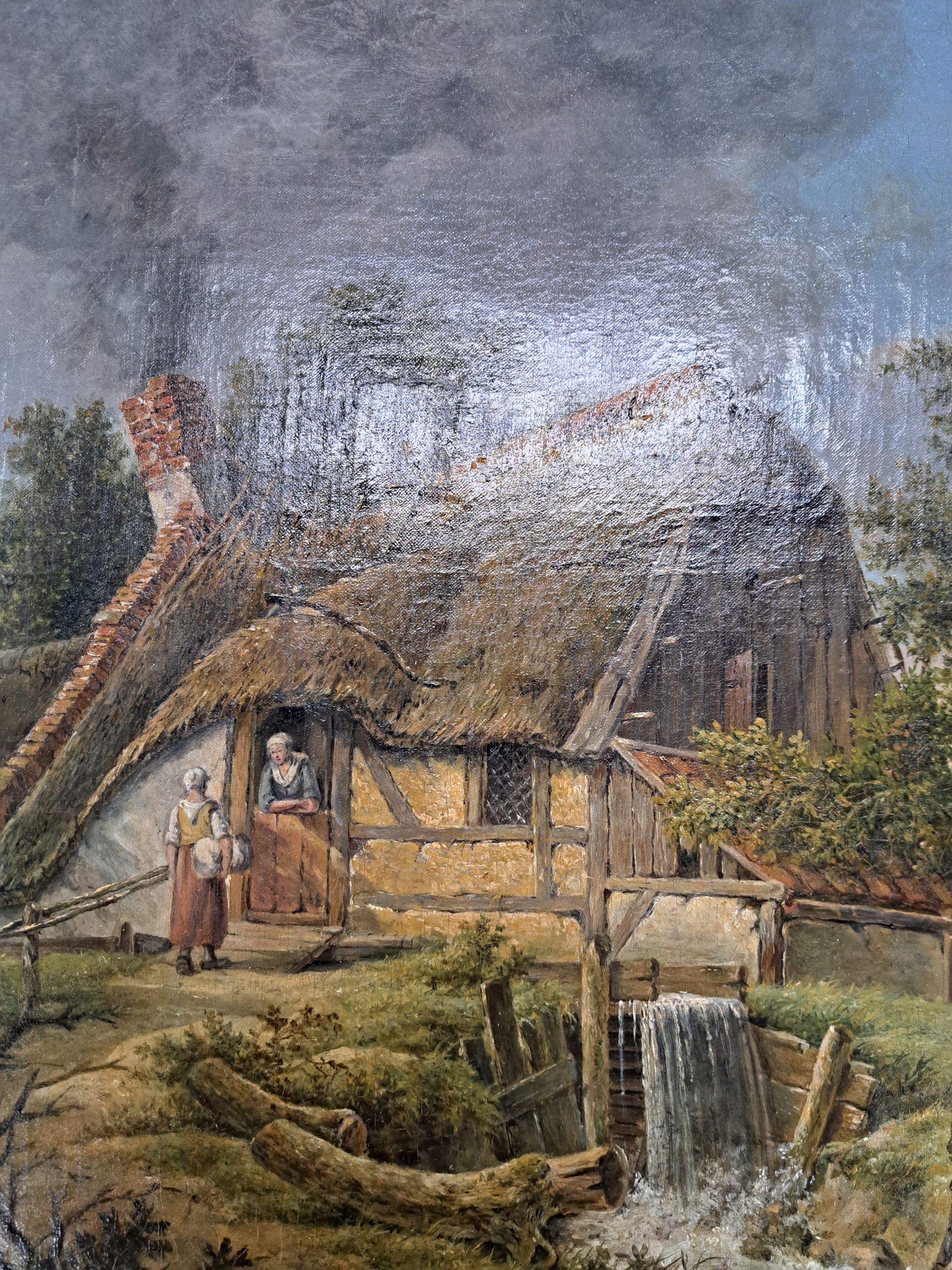 Detail d: J.F. Barbiers, niederländischer Maler, datiert 1848, Pastorale, Bauernhaus mit Stauwehr und Personen, Öl/Lwd, rest., links unten signiert, ca. ...