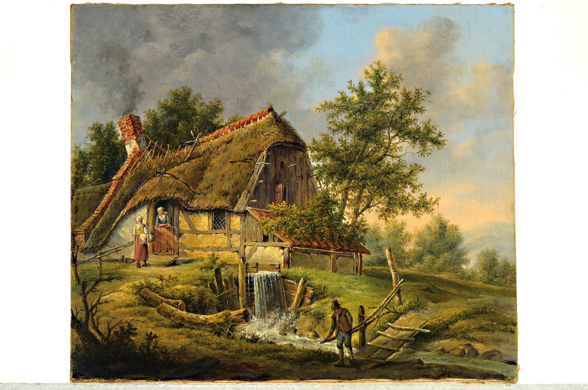 Detail k: J.F. Barbiers, niederländischer Maler, datiert 1848, Pastorale, Bauernhaus mit Stauwehr und Personen, Öl/Lwd, rest., links unten signiert, ca. ...