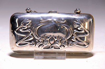26733837a - 4 parts Art Nouveau, silver/metal, around 1900, 3 parts WMF silver-plated:, two serving parts and a small bowl, a silver purse with leather inside; England, around 1900, approx. 100 g