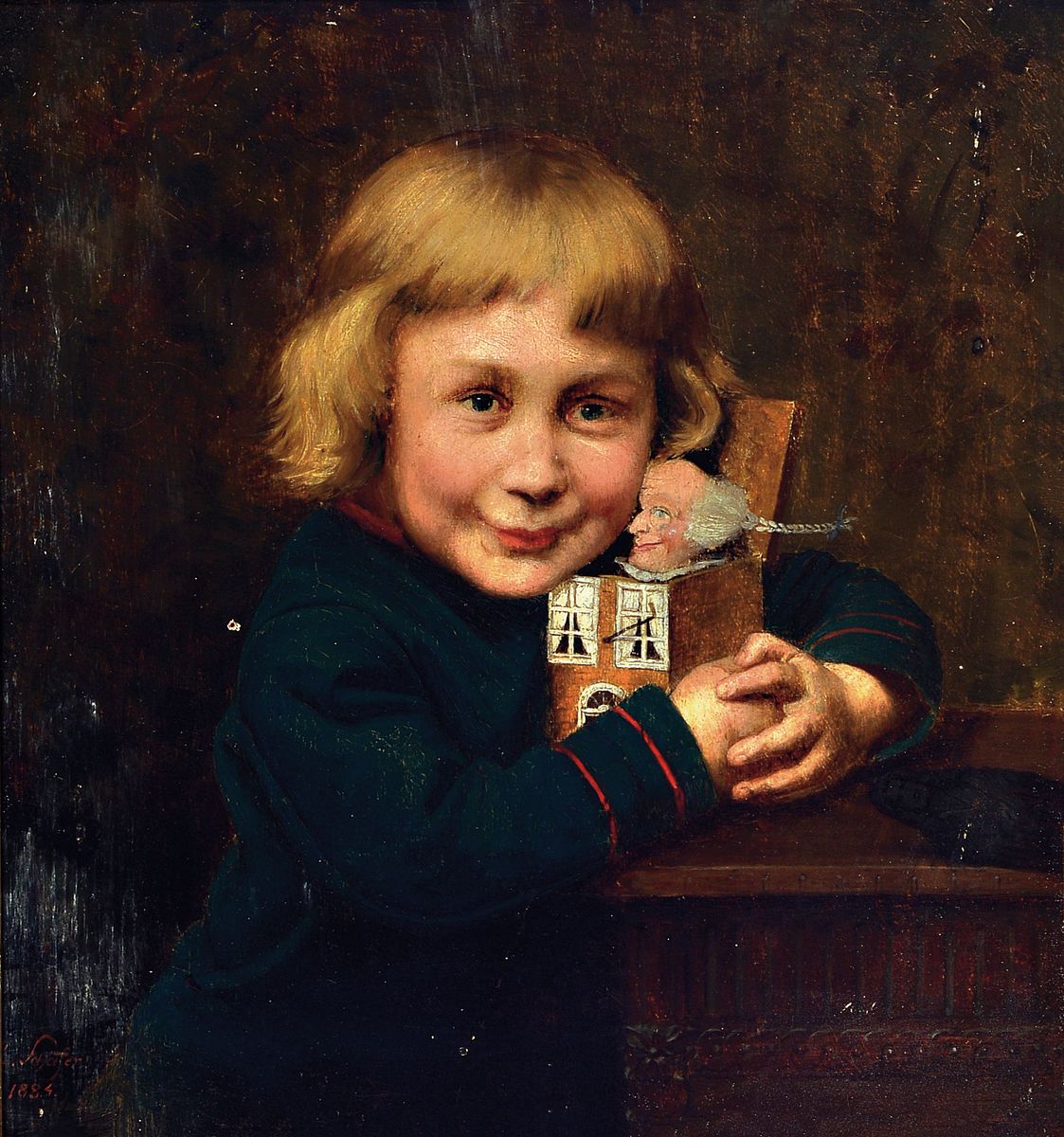 Laurenz Schäfer, 1840-1904, Porträt eines Jungen mit einem Kaspar, der aus einer Box springt, Öl/Holz, min. besch., links unten sign. und dat. ...