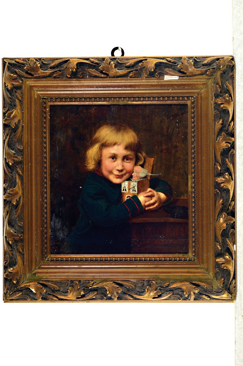 Detail k: Laurenz Schäfer, 1840-1904, Porträt eines Jungen mit einem Kaspar, der aus einer Box springt, Öl/Holz, min. besch., links unten sign. und dat. ...