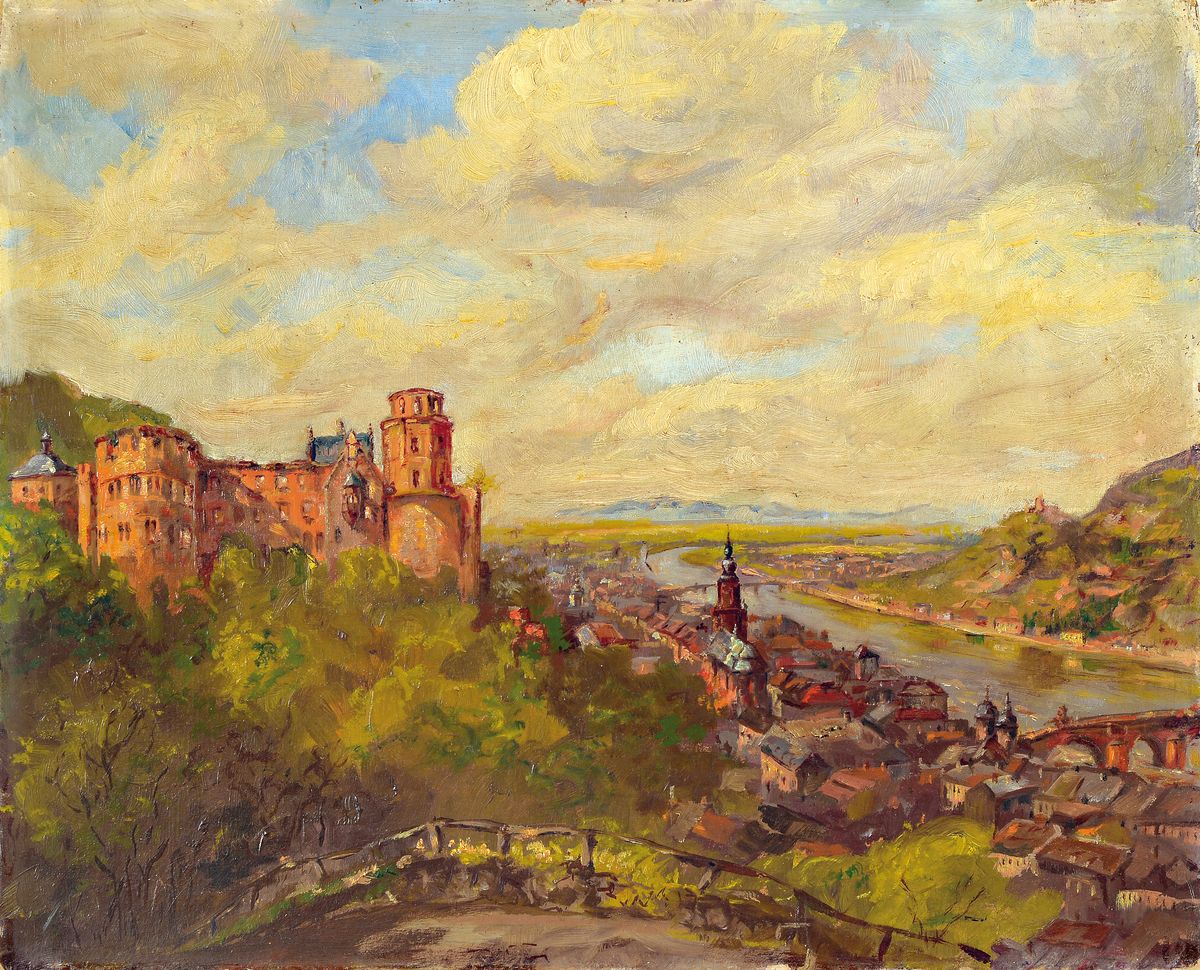 W. Braune, Maler des frühen 20. Jh., Blick auf Das Schloss und die Stadt Heidelberg, Öl/Malkarton, links unten signiert, ca. 40xx49cm, leicht ...