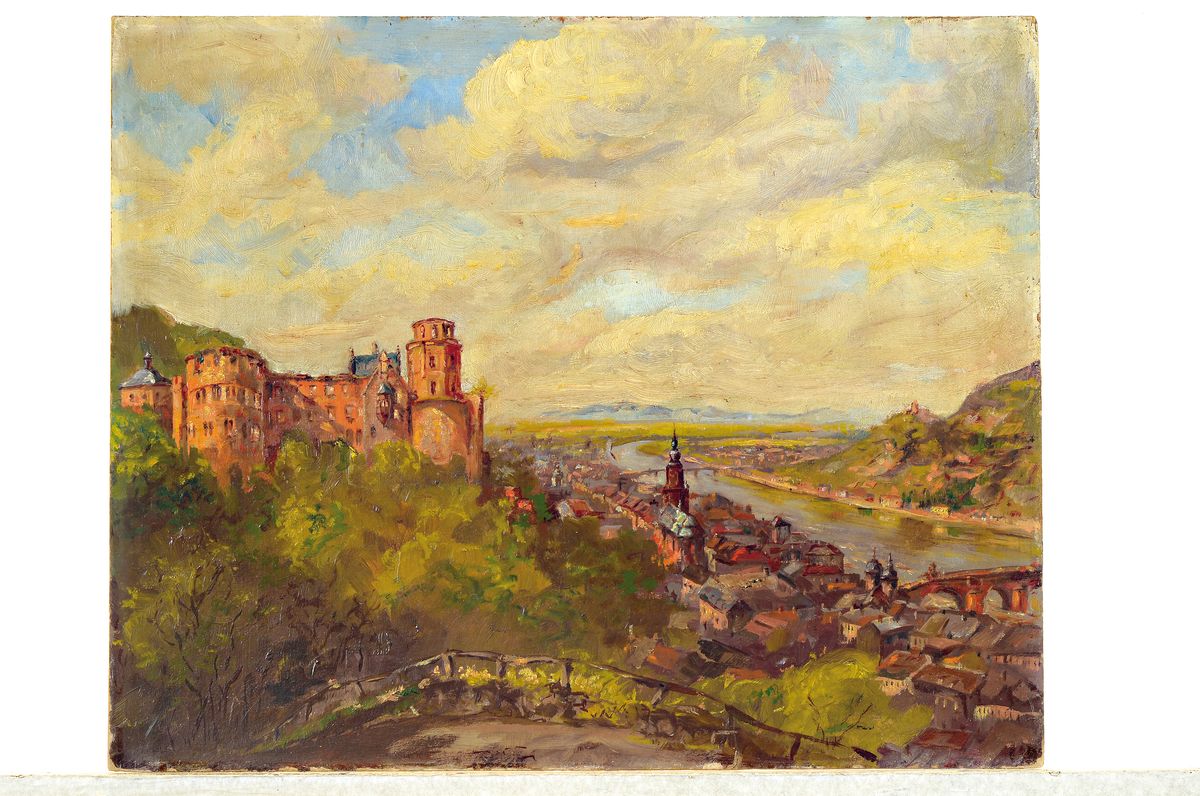 Detail k: W. Braune, Maler des frühen 20. Jh., Blick auf Das Schloss und die Stadt Heidelberg, Öl/Malkarton, links unten signiert, ca. 40xx49cm, leicht ...