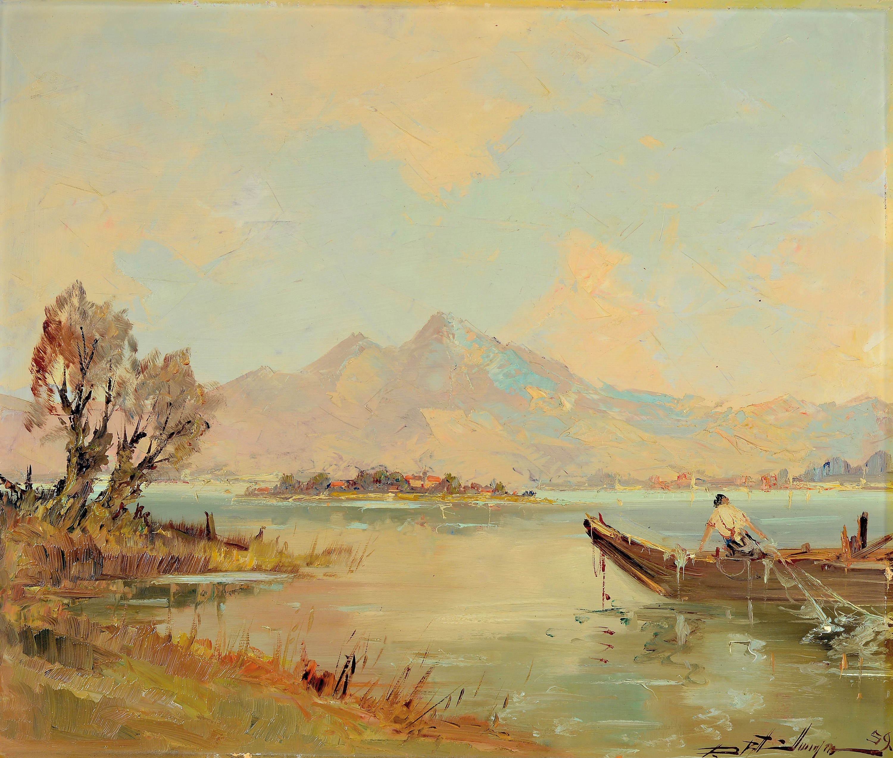 Ungedeuteter Künstler, datiert (19)59, Fischer am Ufer des Chiemsees, im Hintergrund die Fraueninsel und die Alpen, Öl/Hartfaser, Spachteltechnik, ...