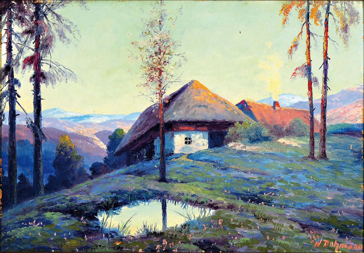 Karl Wilhelm Dohmann, 1876 Hilchensfähr/Lettland-1950 Köln, Studium an der Akademie Berlin, Bauernkate in morgendlicher Alpenlandschaft, rechts ...