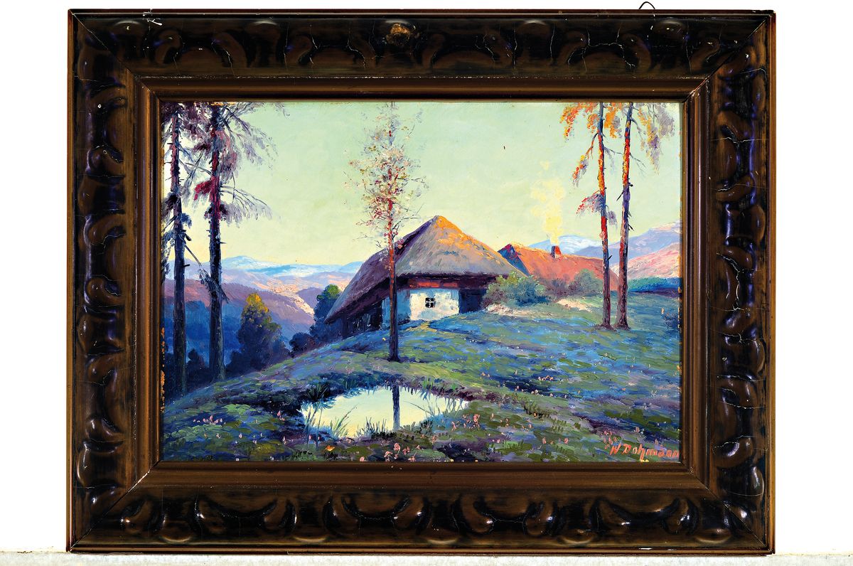 Detail k: Karl Wilhelm Dohmann, 1876 Hilchensfähr/Lettland-1950 Köln, Studium an der Akademie Berlin, Bauernkate in morgendlicher Alpenlandschaft, rechts ...