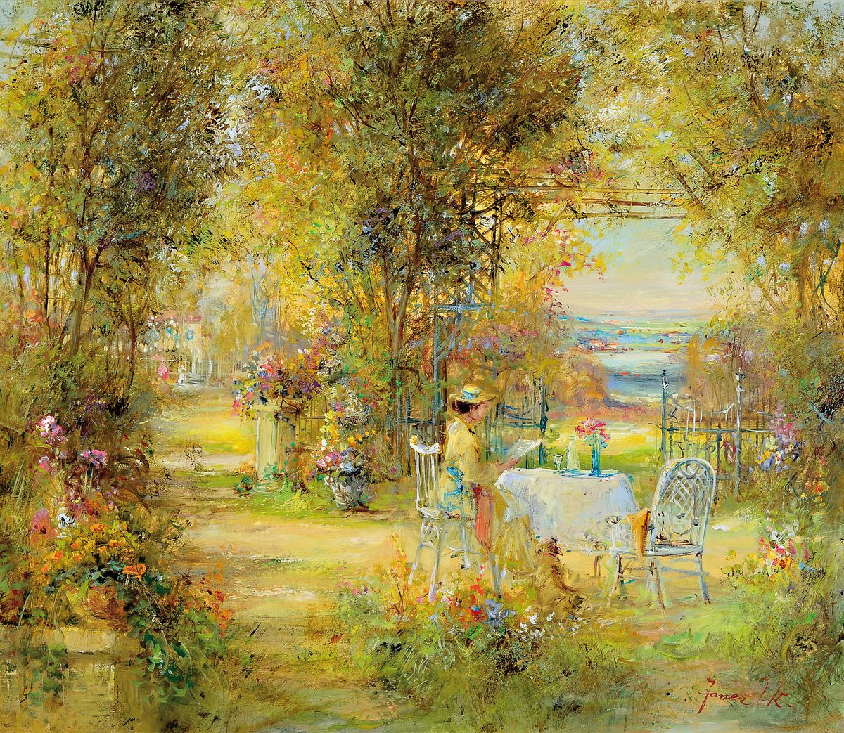 Teresa Fiol Janer, geb. 1923, Lesende Frau in sonnendurchfluteter Laube, rechts unten signiert, Öl/Lwd, Rahmen 70x80 cm
