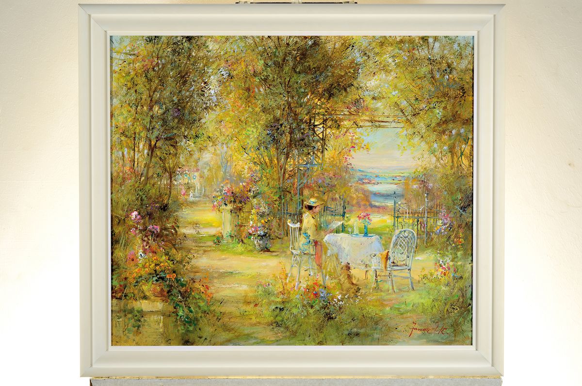 Detail k: Teresa Fiol Janer, geb. 1923, Lesende Frau in sonnendurchfluteter Laube, rechts unten signiert, Öl/Lwd, Rahmen 70x80 cm