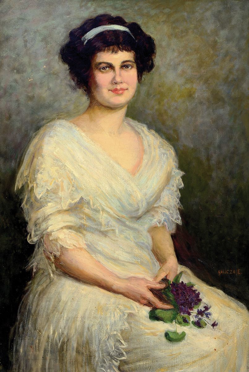 Ersebeth Kalicza, 1879-1943 Budapest, großesDamenporträt, junge Frau mit Blumenstrauß und weißem Kleid, rechts signiert, Öl/Lwd, min. rest., ...