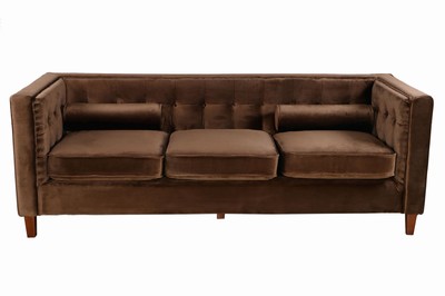 Image 3-seater sofa, wooden frame, fully covered with velvety fabric in chocolate brown, back and sides on the inside with button tufting, 3 loose seat cushions, very comfortable due to spring core padding, including 2 decorative rollers, solid beech feet, approximately 77x215x85 cm