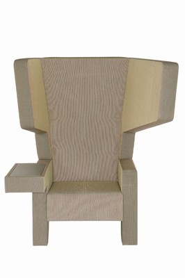 Image 26734348 - Design armchair Prooff, model: Earchair, fabric covers in various shades of gray, color shimmer through colorful fiber mix, with privacy screen on the left and leather- covered shelf on the right, ideal for privacy as a freestanding piece of furniture, approximately 146x133x104 cm