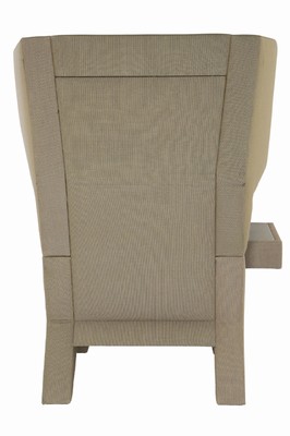 26734348b - Design armchair Prooff, model: Earchair, fabric covers in various shades of gray, color shimmer through colorful fiber mix, with privacy screen on the left and leather- covered shelf on the right, ideal for privacy as a freestanding piece of furniture, approximately 146x133x104 cm