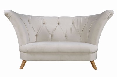Image 2-seater designer sofa, beige velvet-like fabric cover, tufted back, on wooden legs, freestanding, approximately 104x183x90 cm, seat height 45 cm, seat depth 55 cm