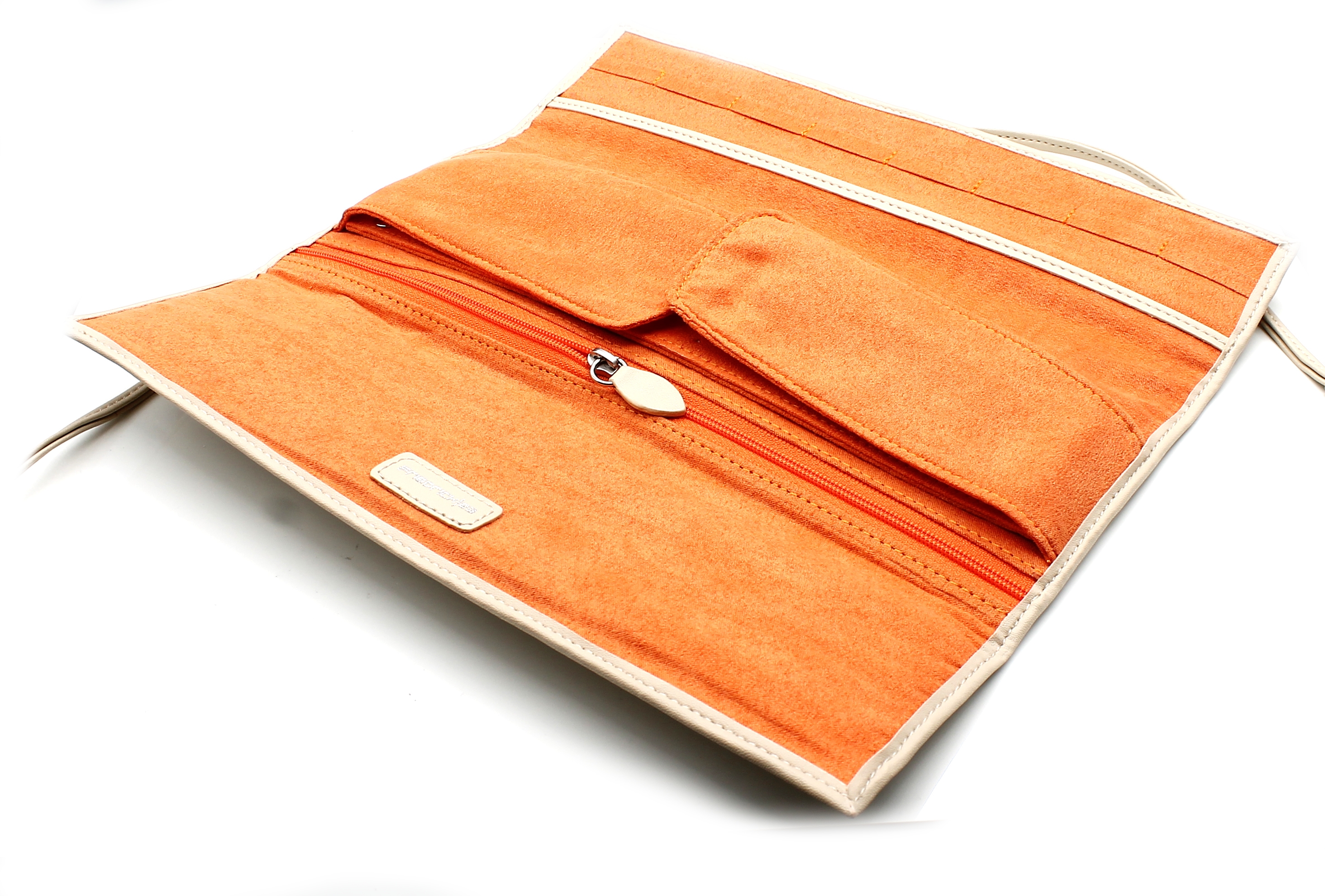 Detail a: Schmuckrolle aus elfenbeinfarb. Feinsynthetik,Innenausstattung in Orange, abknöpfbares Etui mit Reißverschluß, abknöpfbare Ring leiste, Schiene ...
