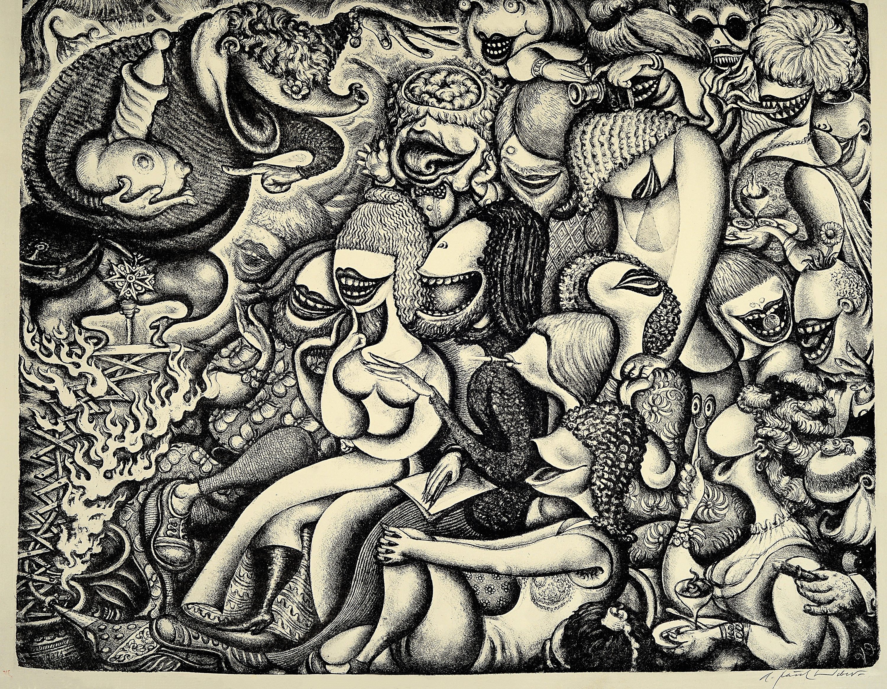 Detail b: A. Paul Weber, 1893 Arnstadt-1980 Schretstaken, 3 Lithographien: "Der sterbende Hecht" 1957, 63x50 cm; "Vernissage" 1972, 64x76 ...
