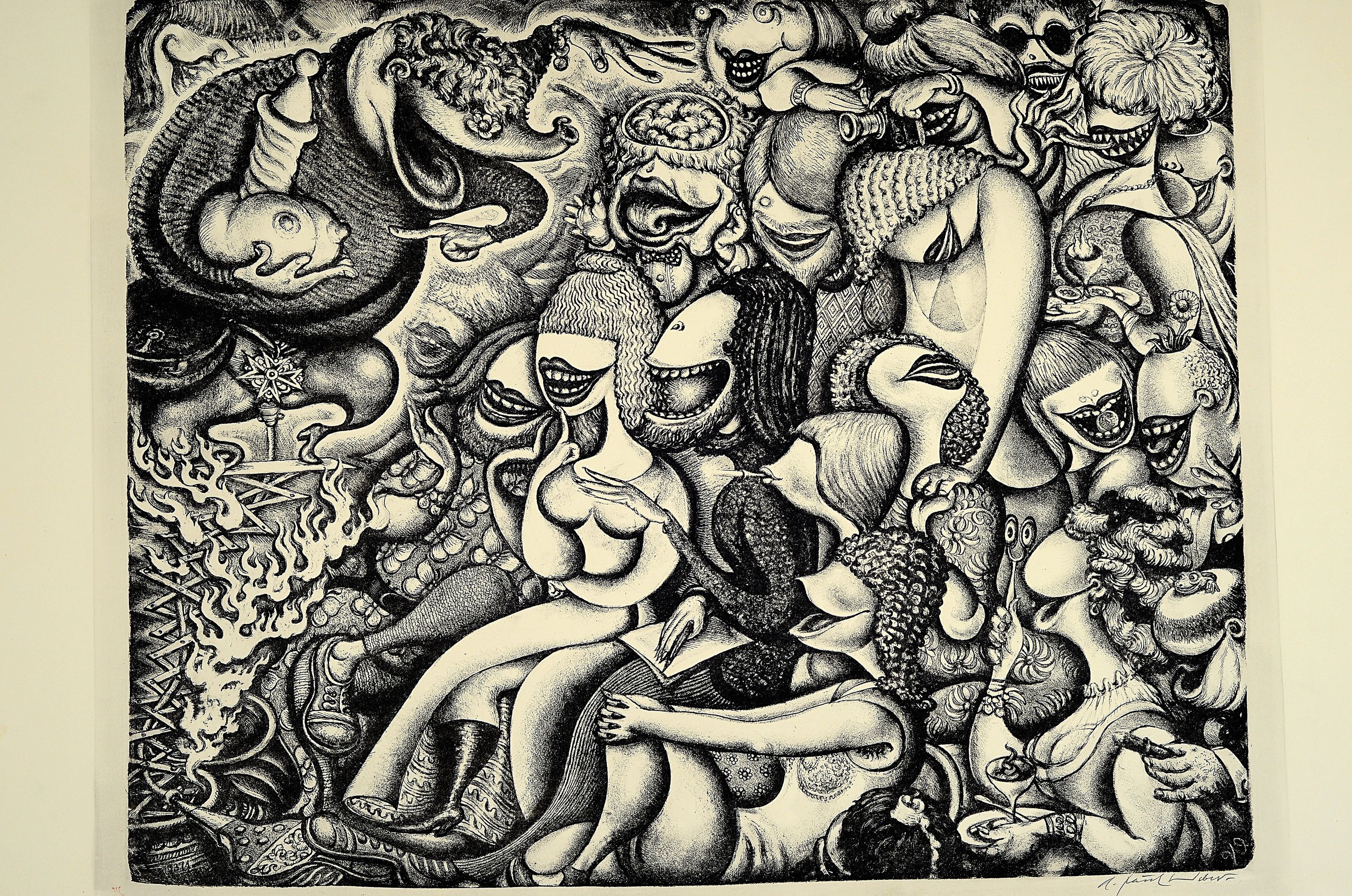 Detail m: A. Paul Weber, 1893 Arnstadt-1980 Schretstaken, 3 Lithographien: "Der sterbende Hecht" 1957, 63x50 cm; "Vernissage" 1972, 64x76 ...