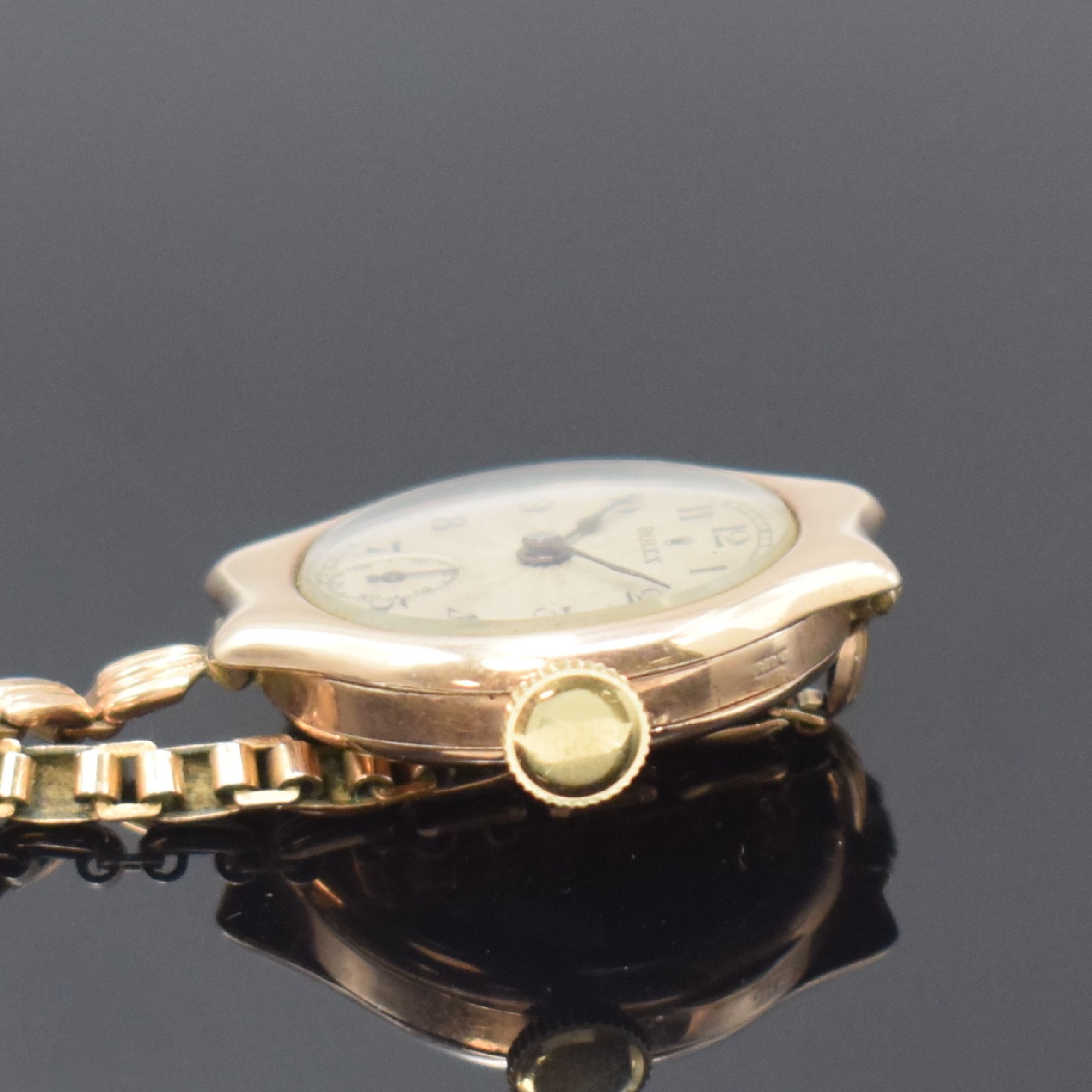 Detail c: ROLEX frühe Armbanduhr in RG 375/000, Schweiz für den englischen Markt um 1915, Handaufzug, sign. Geh. dell., verg. Band, Scharnierboden innen ...