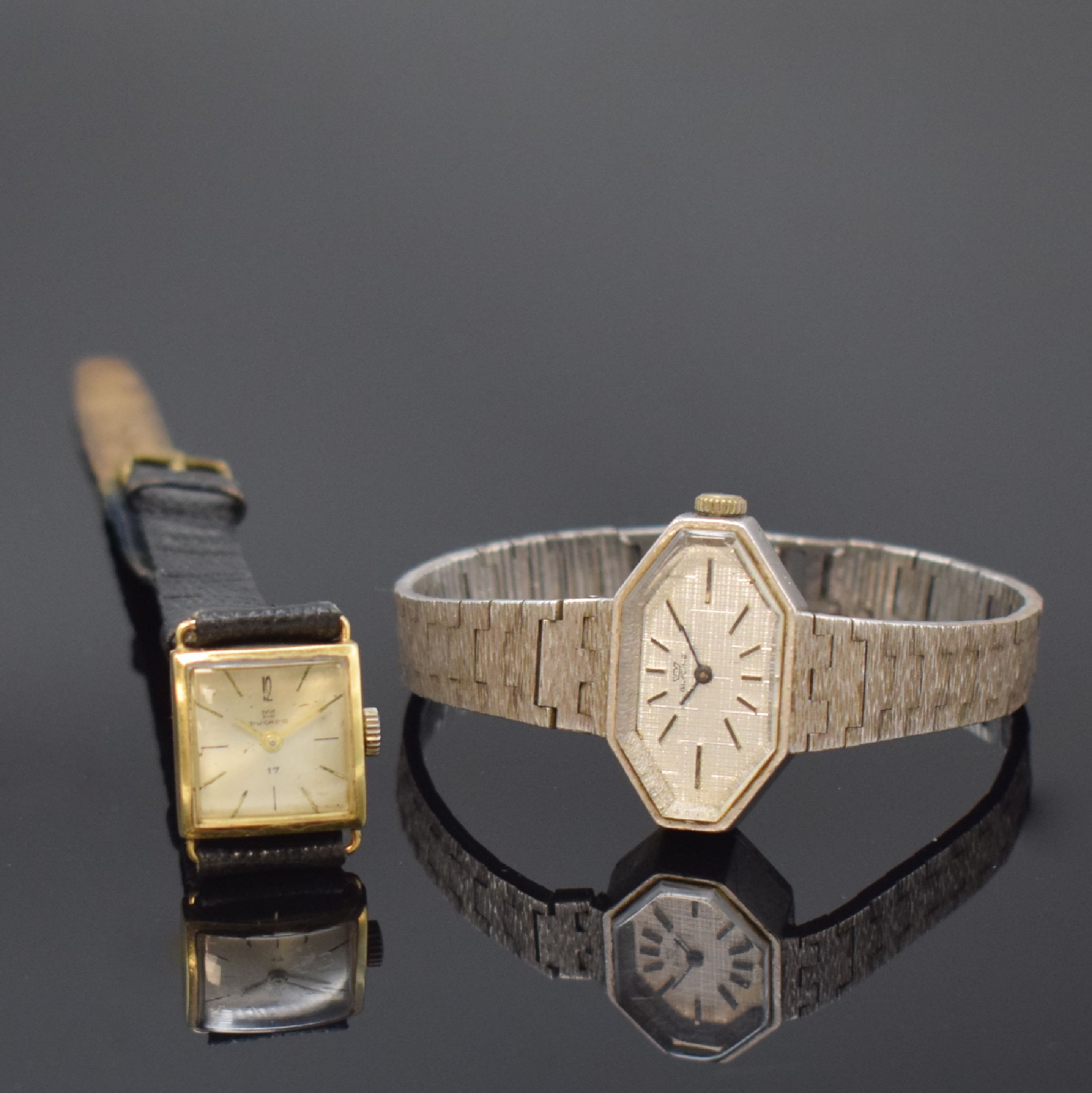 GLYCINE und DUCADO 2 Damenarmbanduhren in 925er Silber und GG 585/000, Schweiz um 1960/1970, Handaufzug, 1) Ducado, Boden aufgedr., vers. Zifferbl. ...