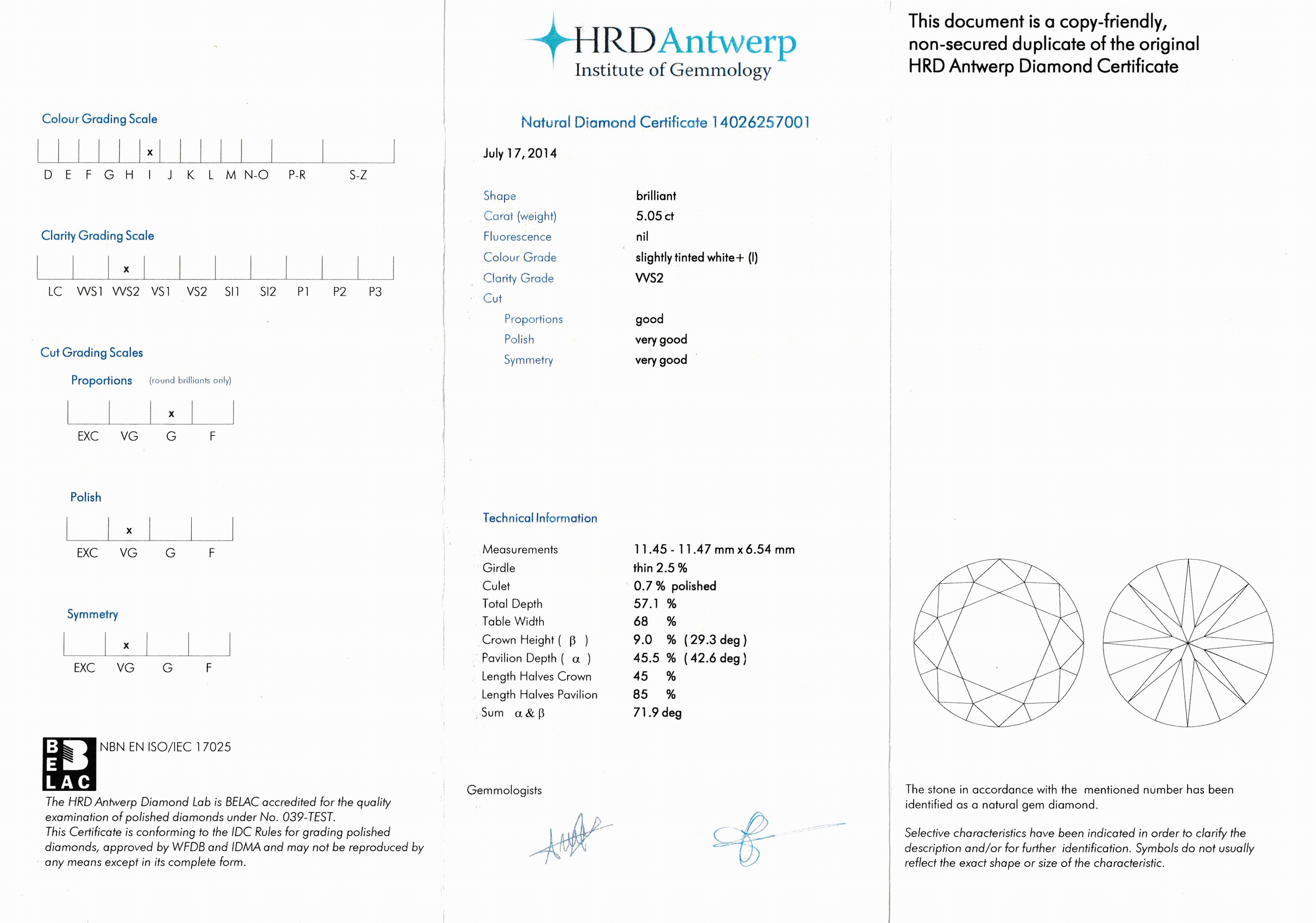Detail b: Loser Brillant, 5.05 ct l.get.Weiß(I)/vvs2, 11.45-11.47 x 6.54 mm, Proportionen gut, Politur sehr gut, Symmetrie sehr gut, Fluoreszenz keine, ...