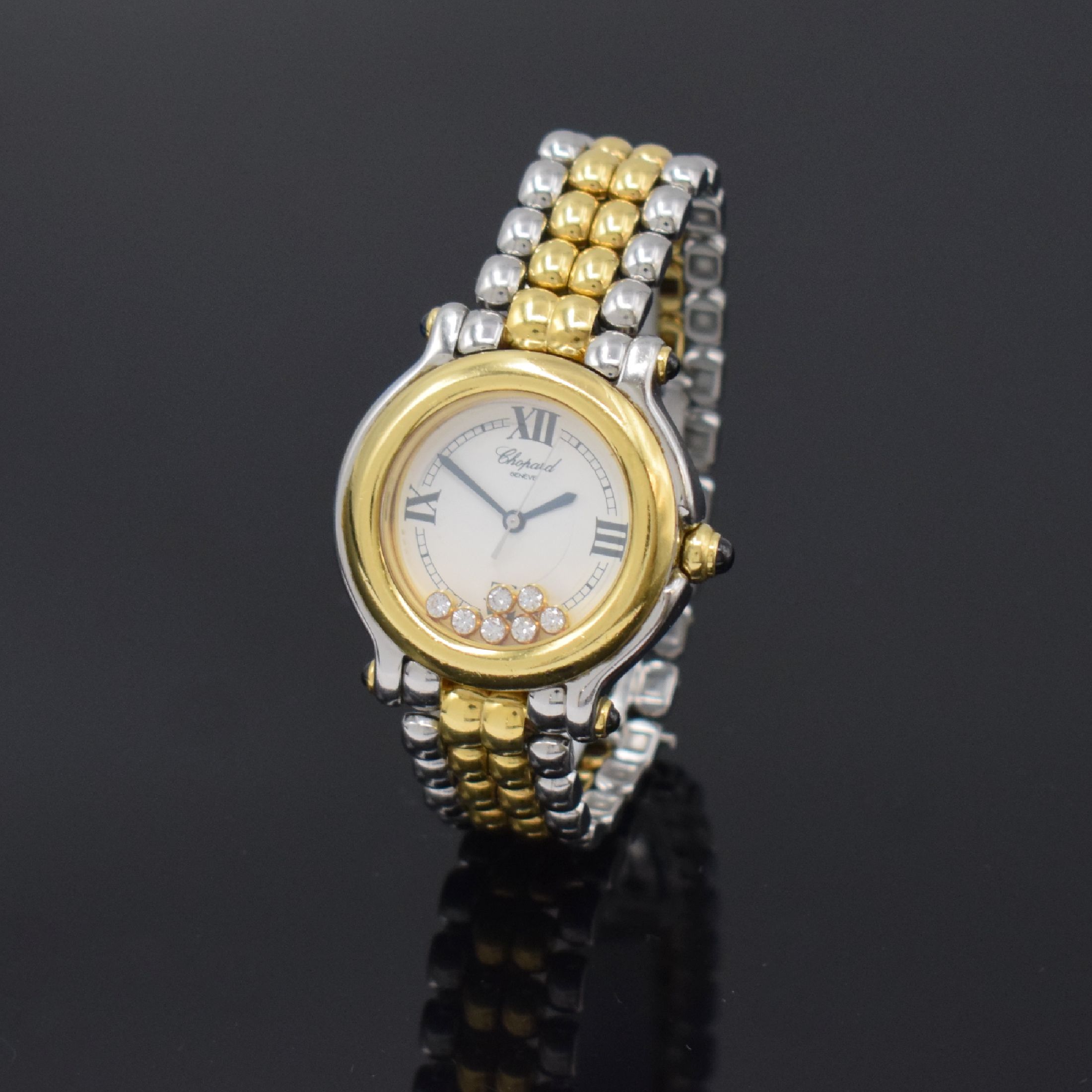 CHOPARD Happy Sport Damenarmbanduhr in Stahl/Gold mit beweglichen Diamanten Referenz 27/8237-23, Schweiz um 2000, quarz, Krone u. Bandanstöße m. ...