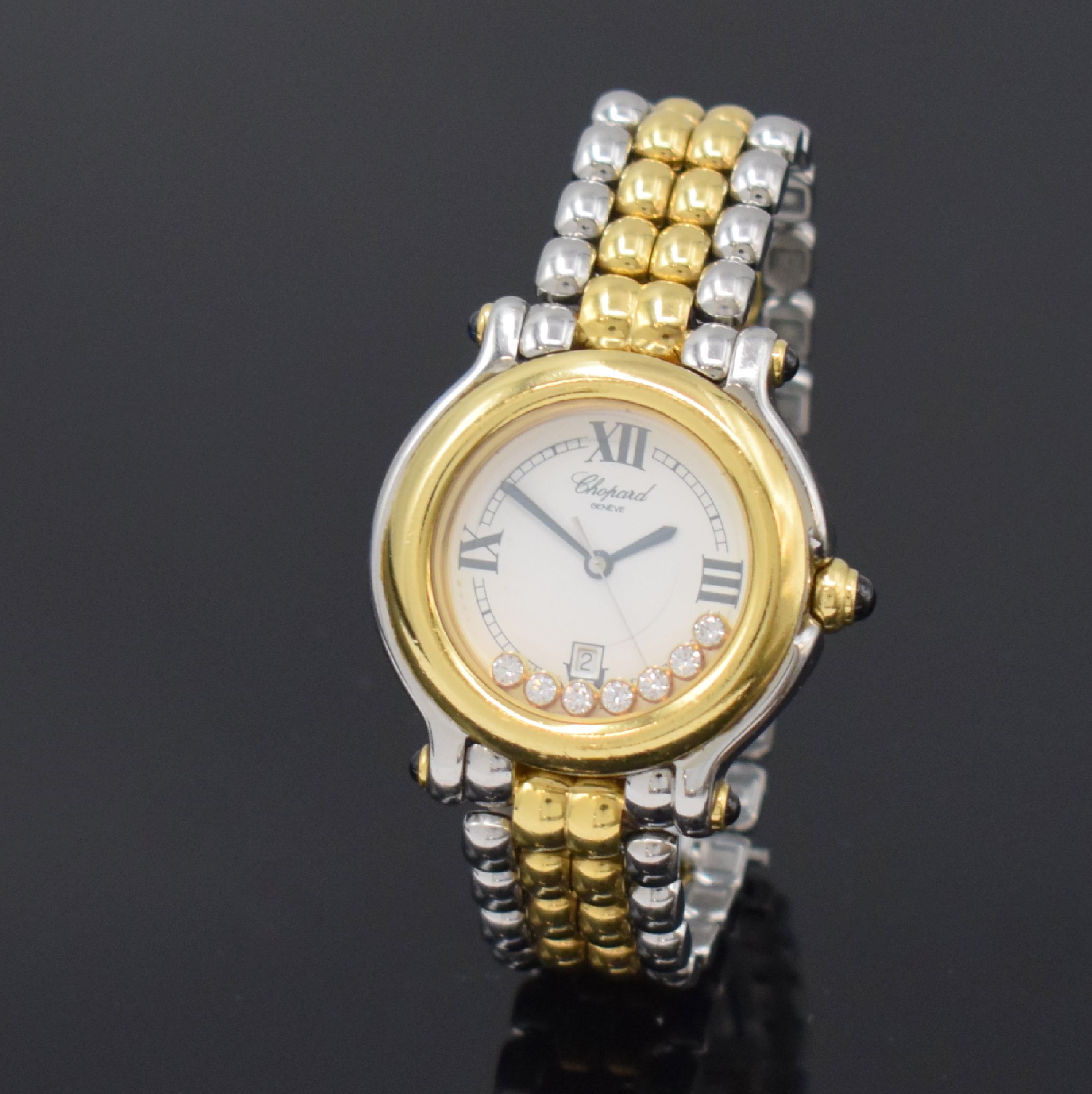 Detail a: CHOPARD Happy Sport Damenarmbanduhr in Stahl/Gold mit beweglichen Diamanten Referenz 27/8237-23, Schweiz um 2000, quarz, Krone u. Bandanstöße m. ...