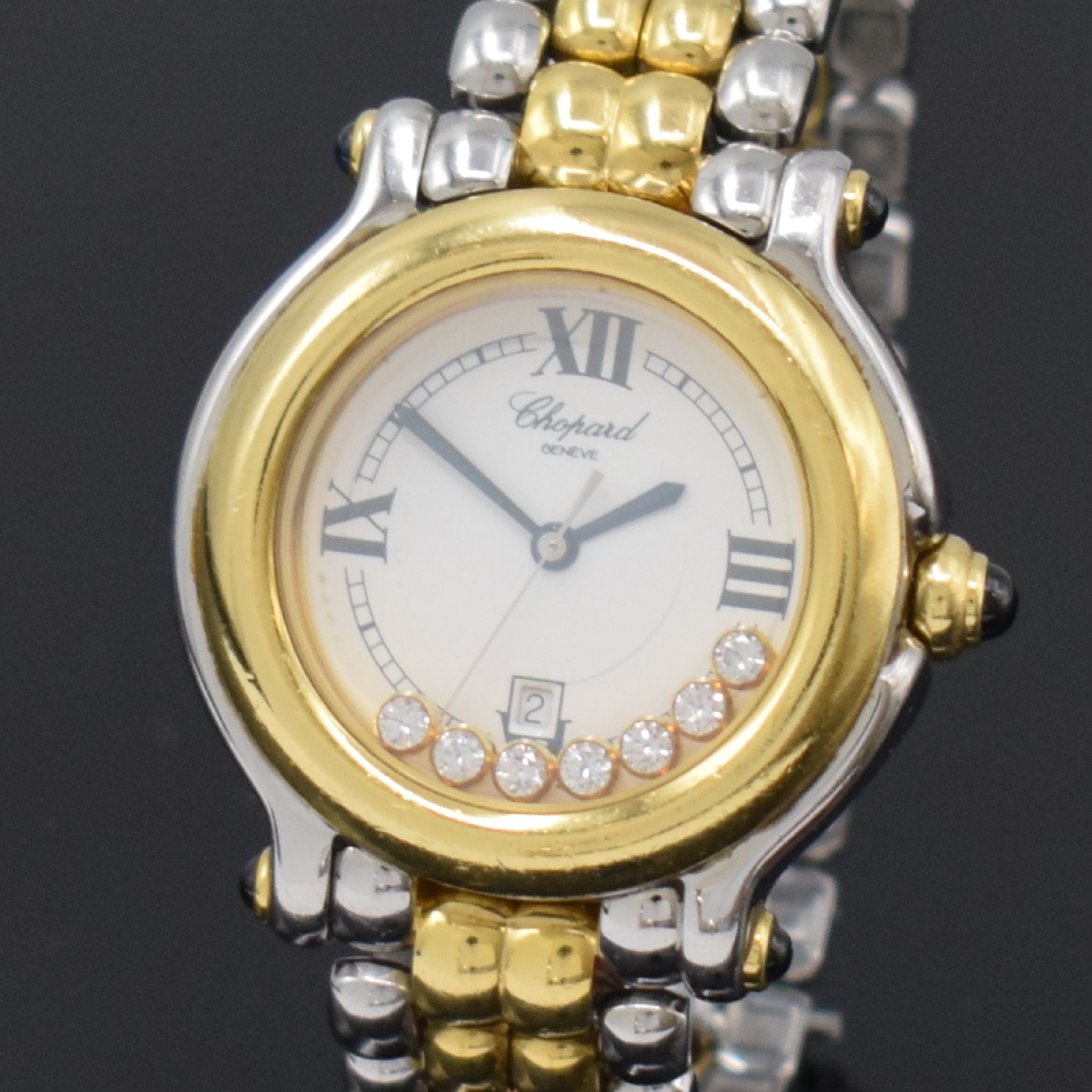 Detail b: CHOPARD Happy Sport Damenarmbanduhr in Stahl/Gold mit beweglichen Diamanten Referenz 27/8237-23, Schweiz um 2000, quarz, Krone u. Bandanstöße m. ...