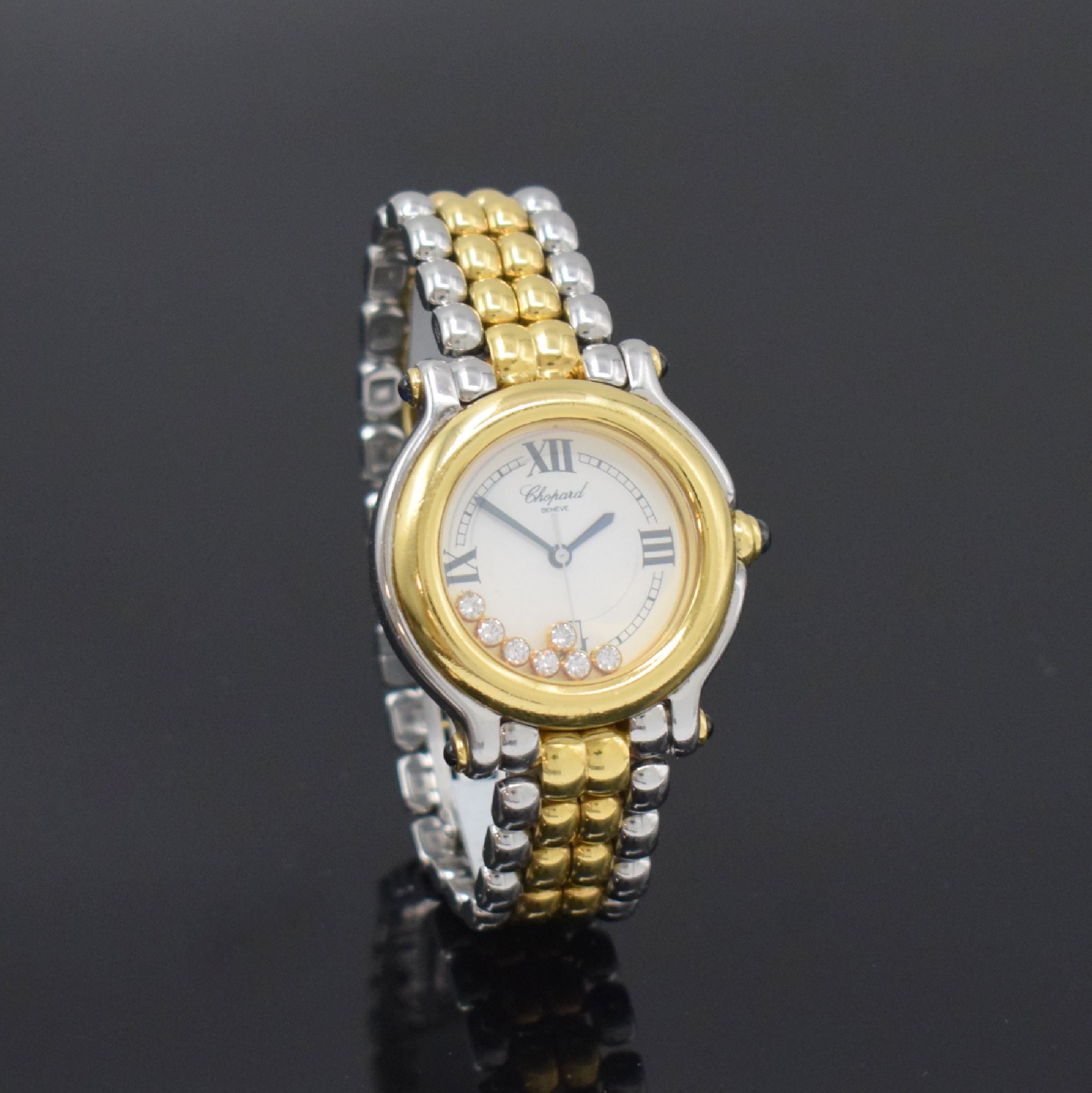 Detail c: CHOPARD Happy Sport Damenarmbanduhr in Stahl/Gold mit beweglichen Diamanten Referenz 27/8237-23, Schweiz um 2000, quarz, Krone u. Bandanstöße m. ...