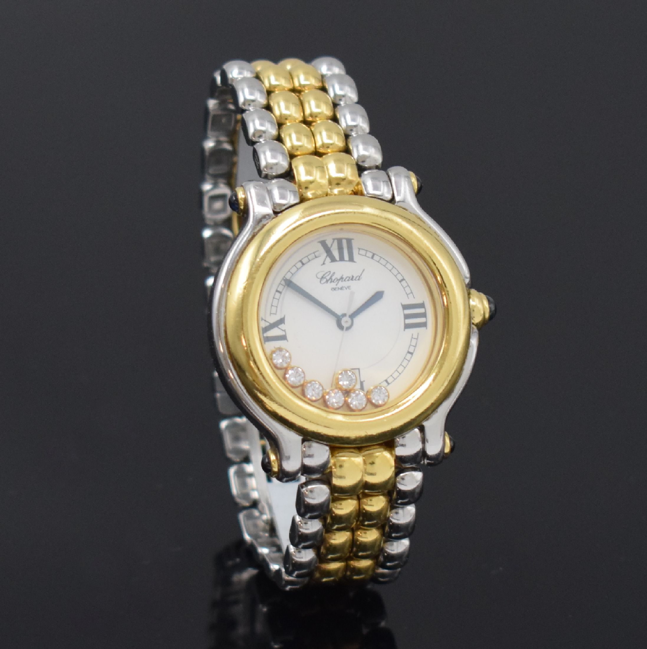 Detail d: CHOPARD Happy Sport Damenarmbanduhr in Stahl/Gold mit beweglichen Diamanten Referenz 27/8237-23, Schweiz um 2000, quarz, Krone u. Bandanstöße m. ...
