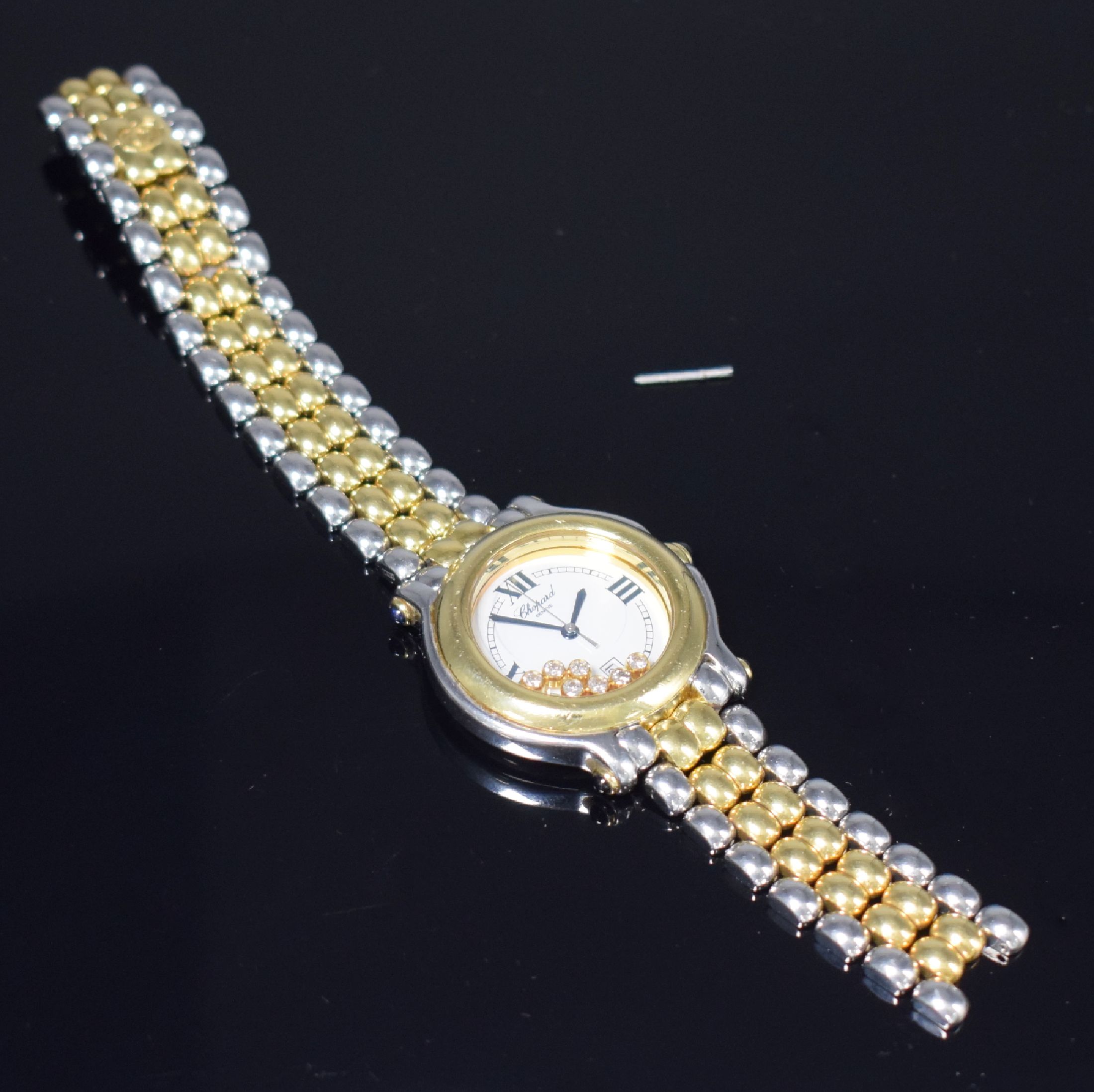 Detail e: CHOPARD Happy Sport Damenarmbanduhr in Stahl/Gold mit beweglichen Diamanten Referenz 27/8237-23, Schweiz um 2000, quarz, Krone u. Bandanstöße m. ...