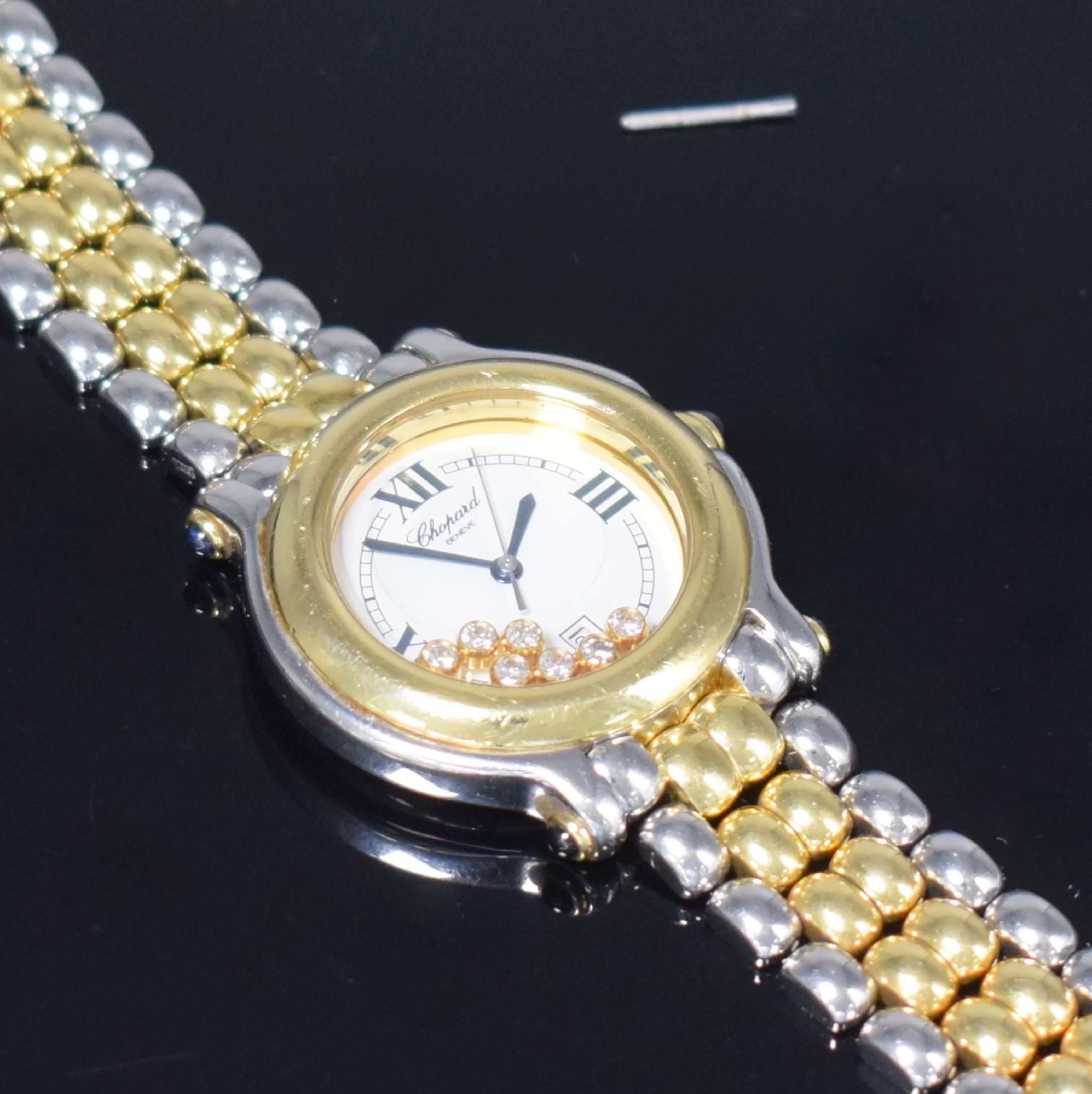 Detail f: CHOPARD Happy Sport Damenarmbanduhr in Stahl/Gold mit beweglichen Diamanten Referenz 27/8237-23, Schweiz um 2000, quarz, Krone u. Bandanstöße m. ...
