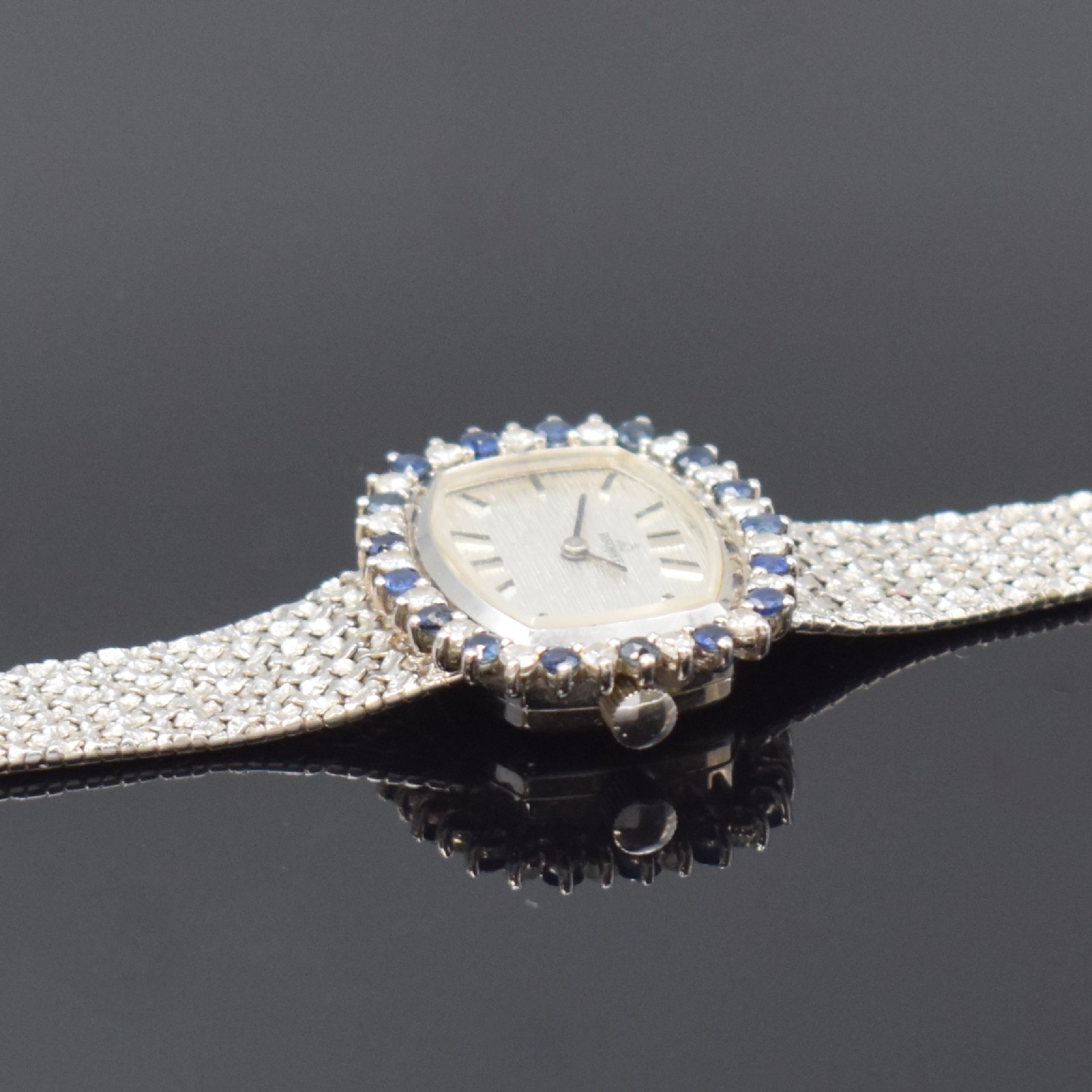 Detail b: BISCHOFF Damenarmbanduhr in WG 585/000 mit Diamanten und Saphiren, Schweiz um 1970, Handaufzug, Boden aufgedr., Lünette aufw. m. Diamanten u. ...