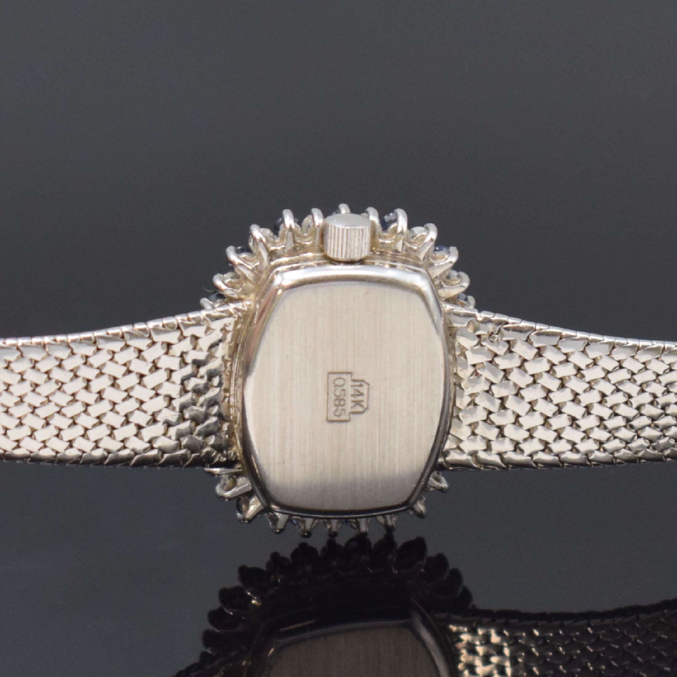 Detail d: BISCHOFF Damenarmbanduhr in WG 585/000 mit Diamanten und Saphiren, Schweiz um 1970, Handaufzug, Boden aufgedr., Lünette aufw. m. Diamanten u. ...