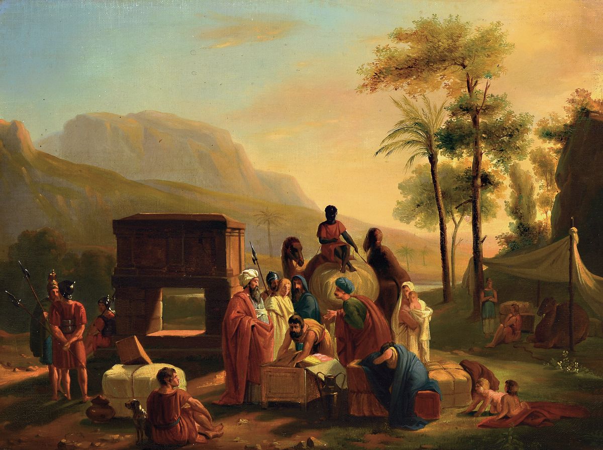 Unbekannter Künstler um 1830-40, vielfigurige alttestamentarische Szene in der Wüste, Öl/Lwd, feine lasierende Malerei, unsigniert, ca. 36x49cm, ...