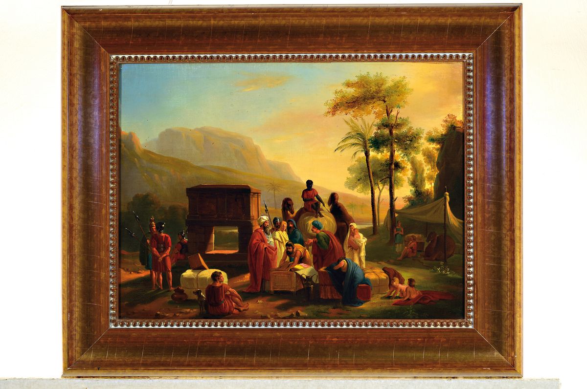 Detail k: Unbekannter Künstler um 1830-40, vielfigurige alttestamentarische Szene in der Wüste, Öl/Lwd, feine lasierende Malerei, unsigniert, ca. 36x49cm, ...